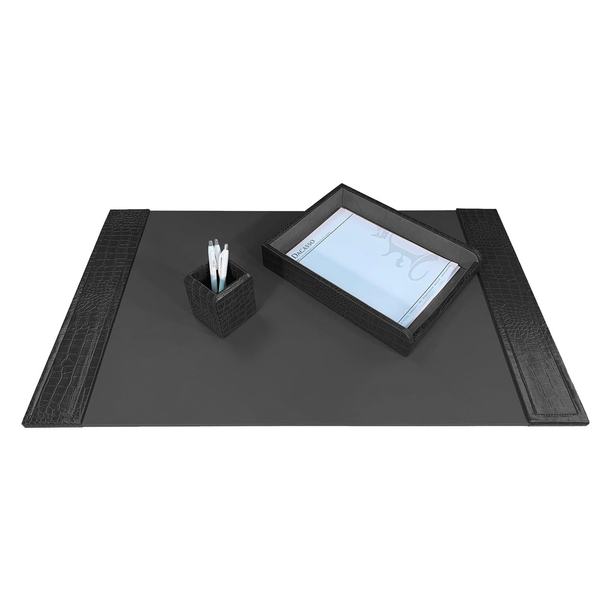 Black Crocodile Embossed Leather 3-Piece Desk Set