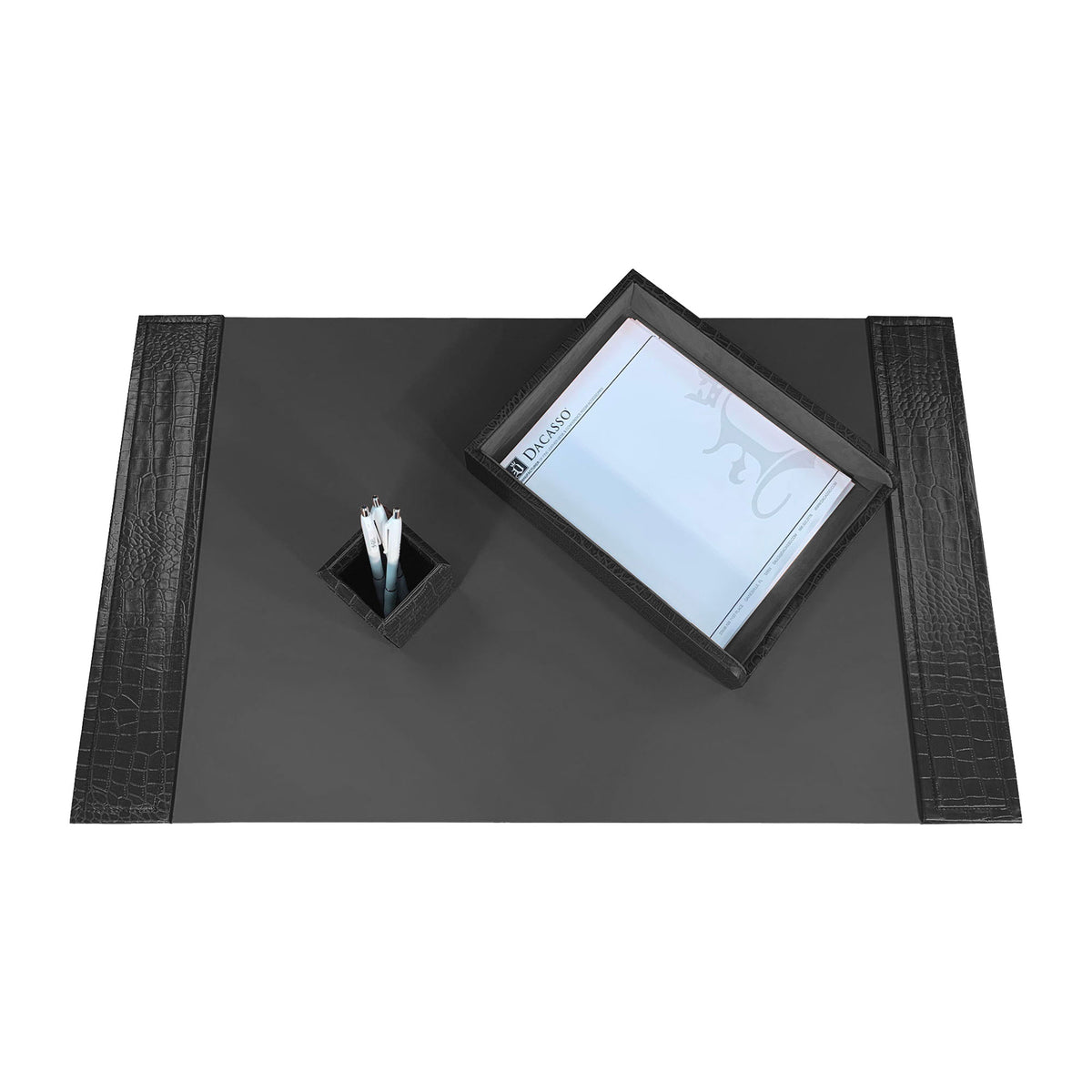 Black Crocodile Embossed Leather 3-Piece Desk Set