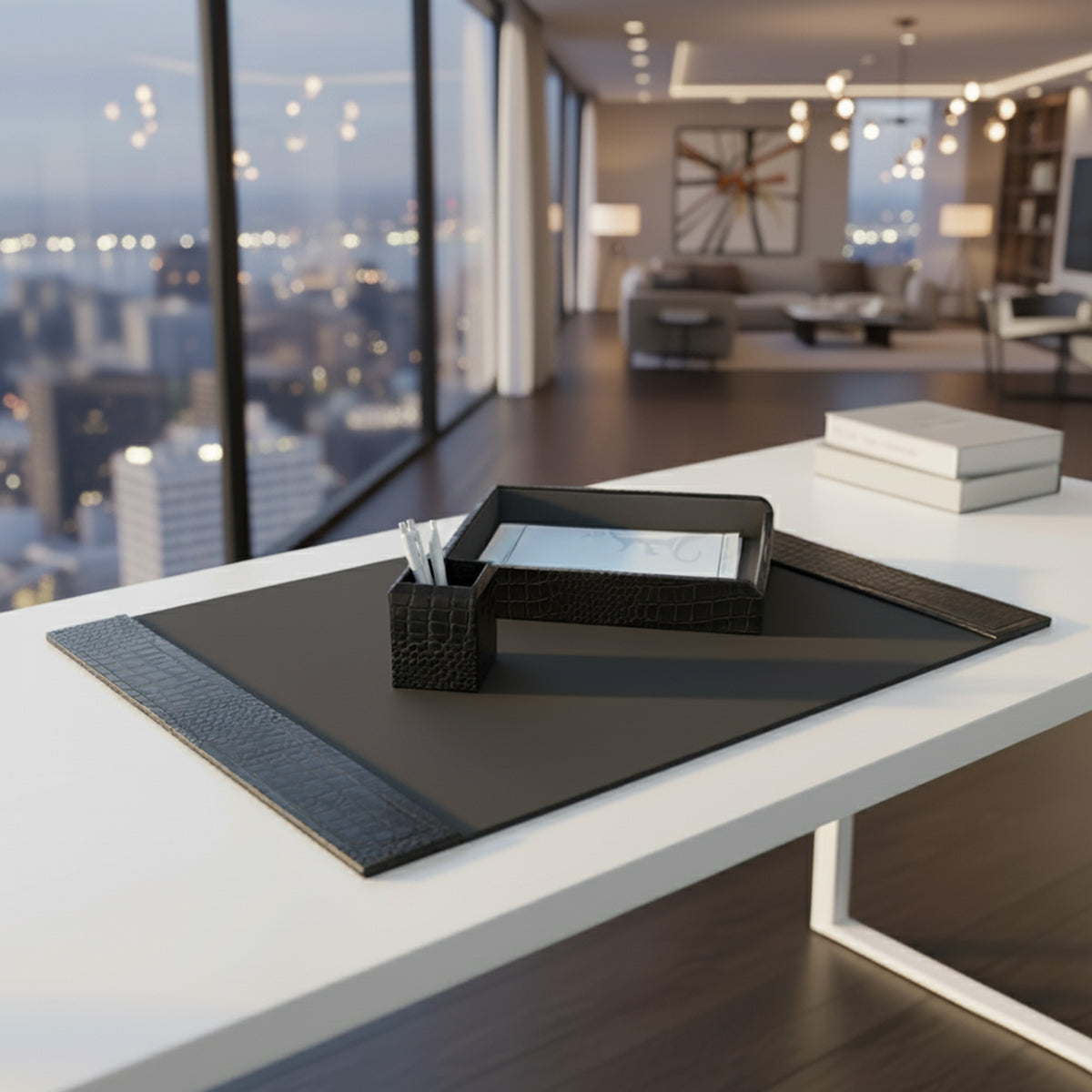 Black Crocodile Embossed Leather 3-Piece Desk Set