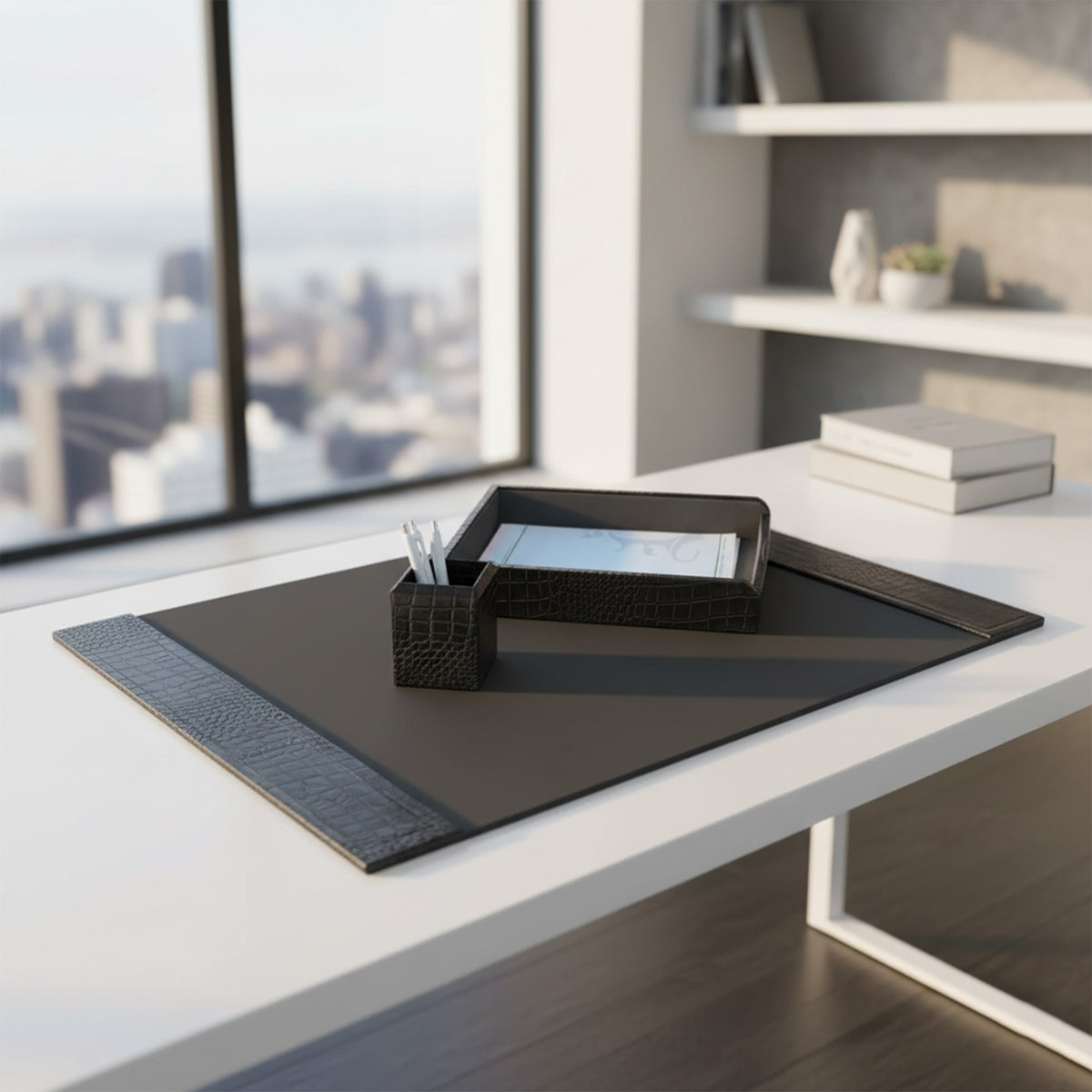 Black Crocodile Embossed Leather 3-Piece Desk Set