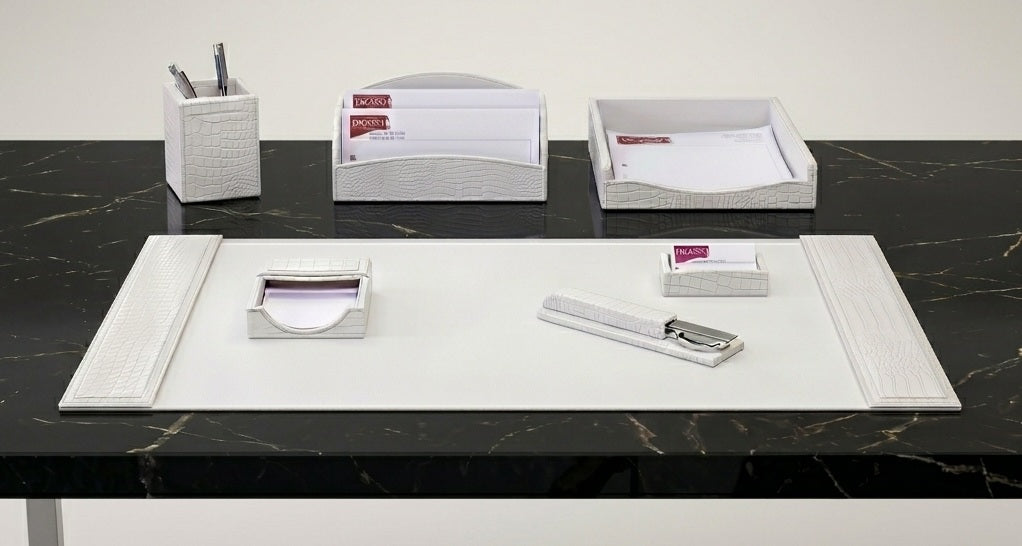 White Crocodile Embossed Leather Desk Set, 7pc
