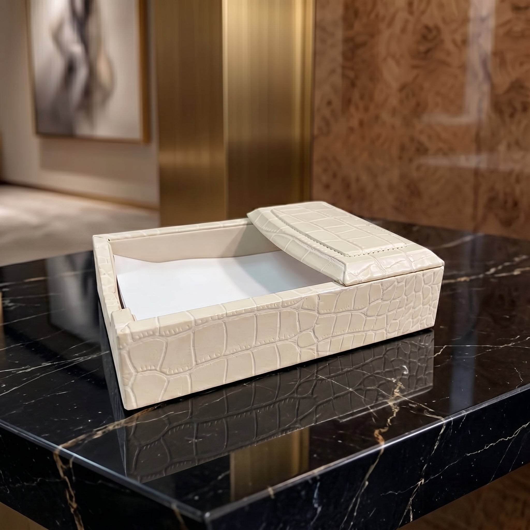 White Crocodile Embossed Leather Desk Set, 7pc