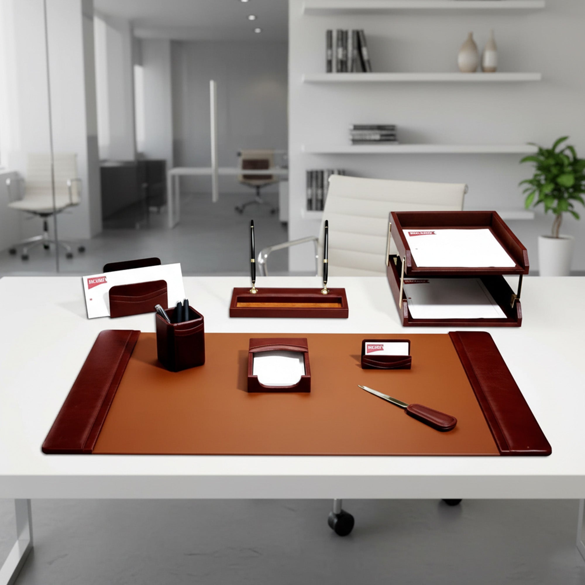 Mocha Leather 10-Piece Desk Set