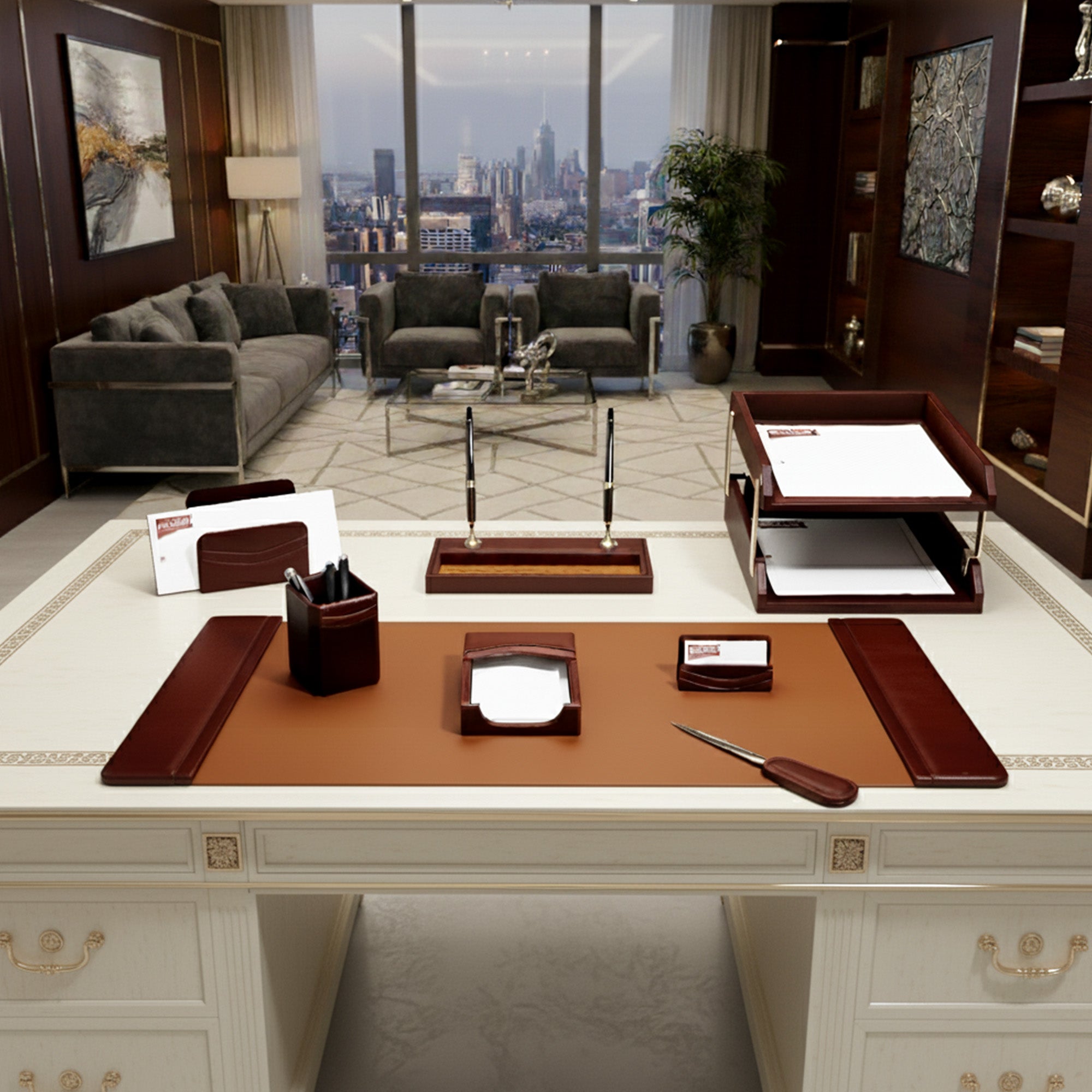 Mocha Leather 10-Piece Desk Set