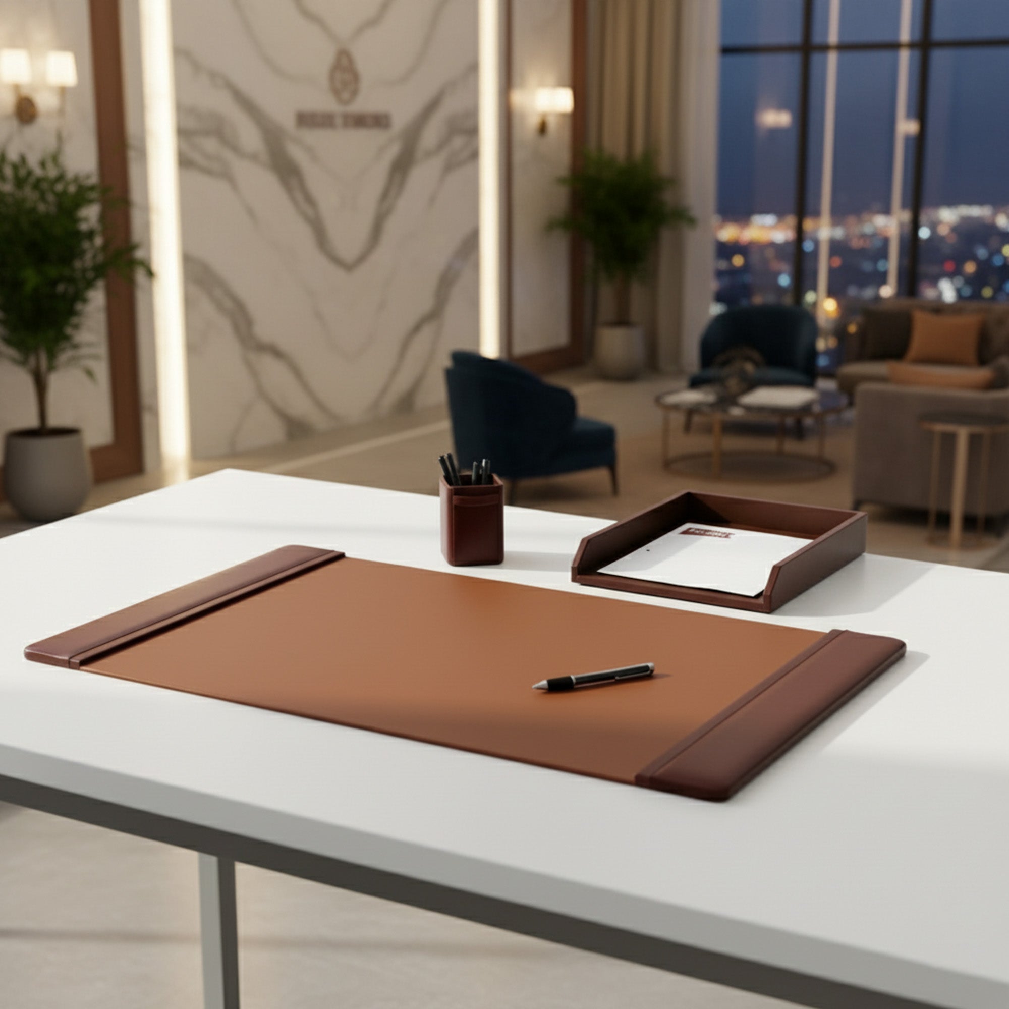 Mocha Leather 3-Piece Desk Set