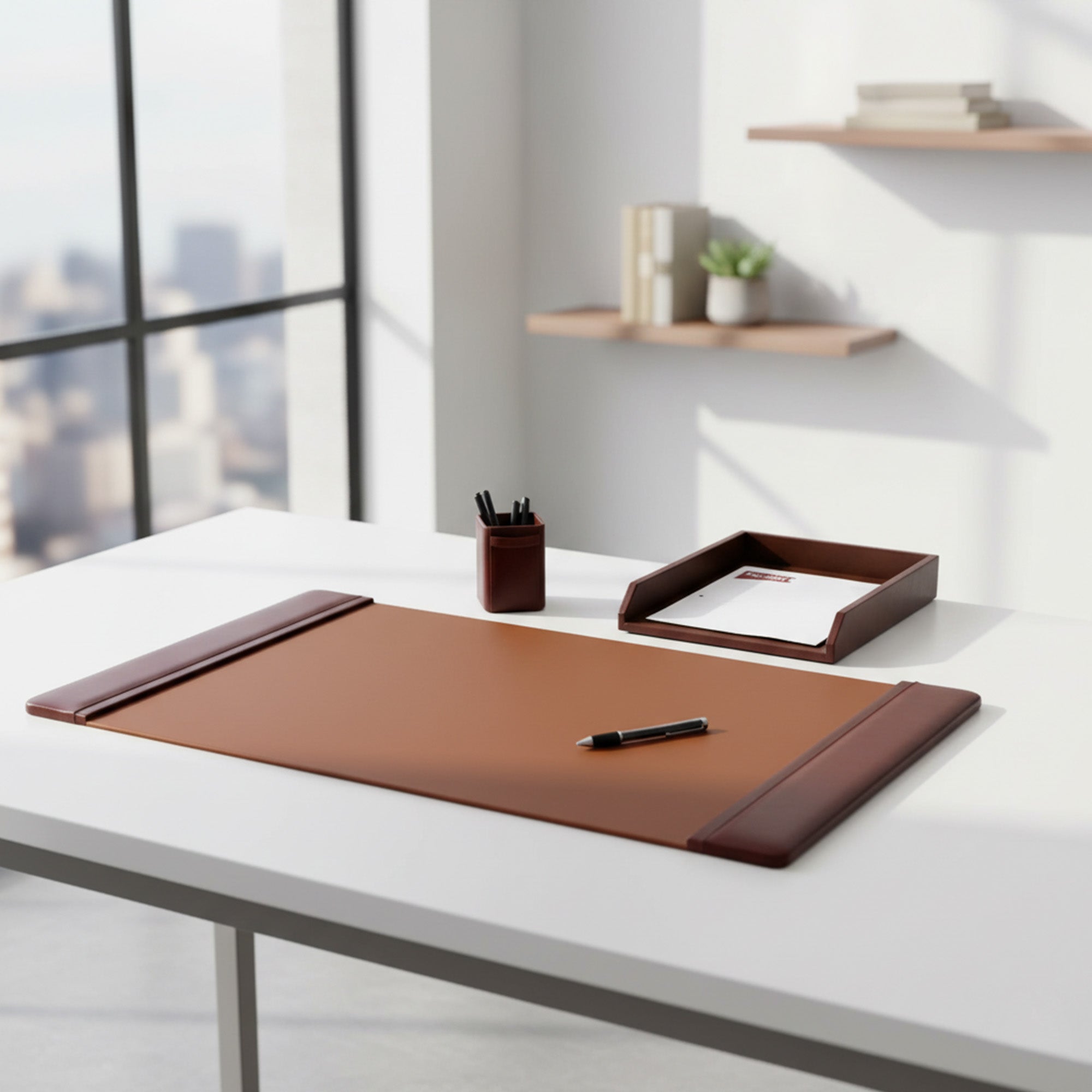Mocha Leather 3-Piece Desk Set