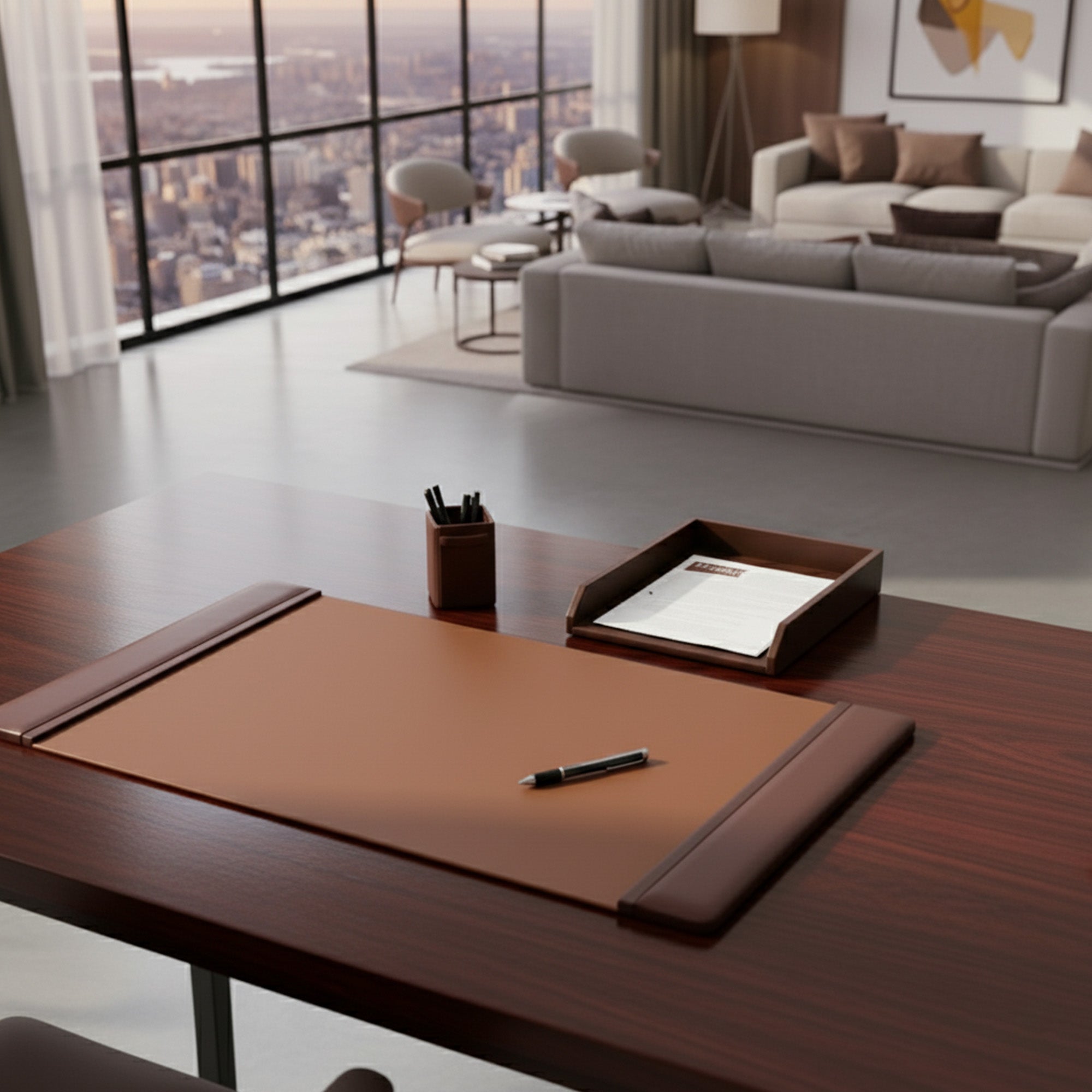 Mocha Leather 3-Piece Desk Set