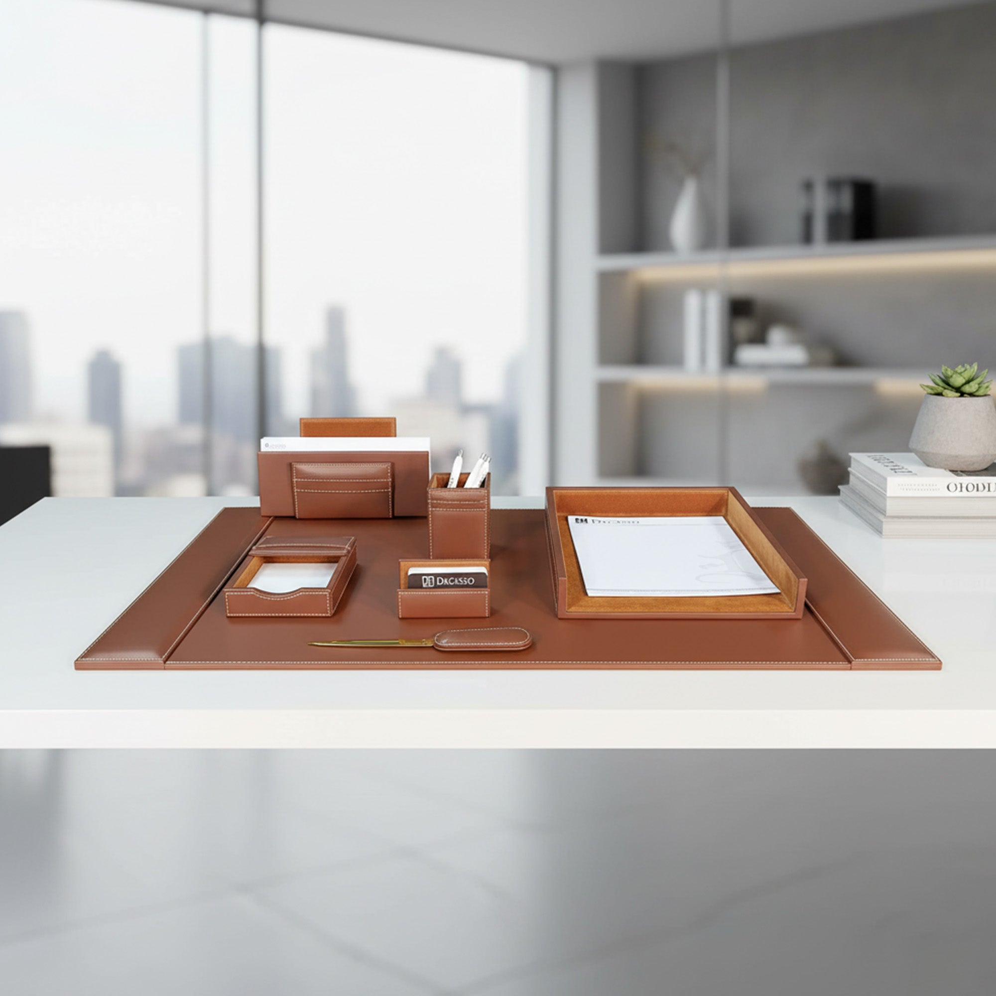 Rustic Brown Leather 7-Piece Desk Set