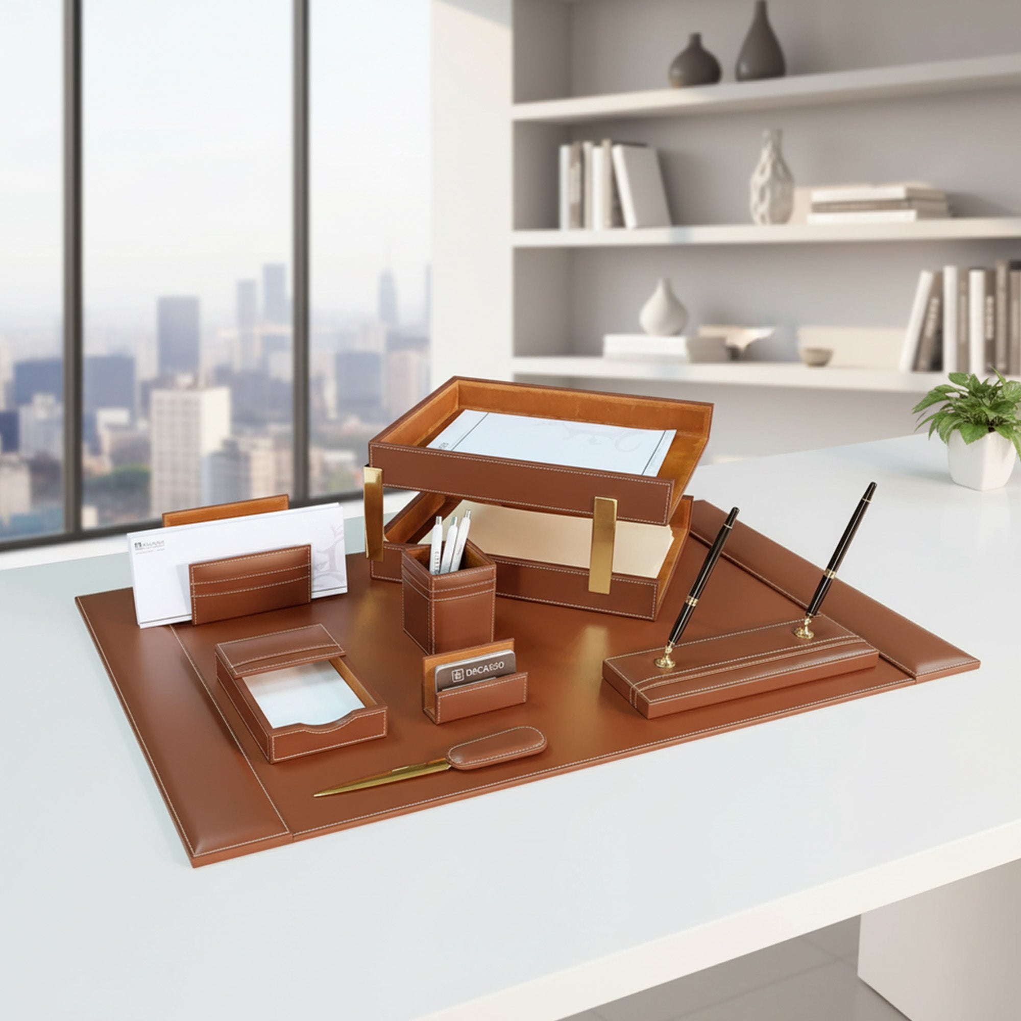 Rustic Brown Leather 10-Piece Desk Set