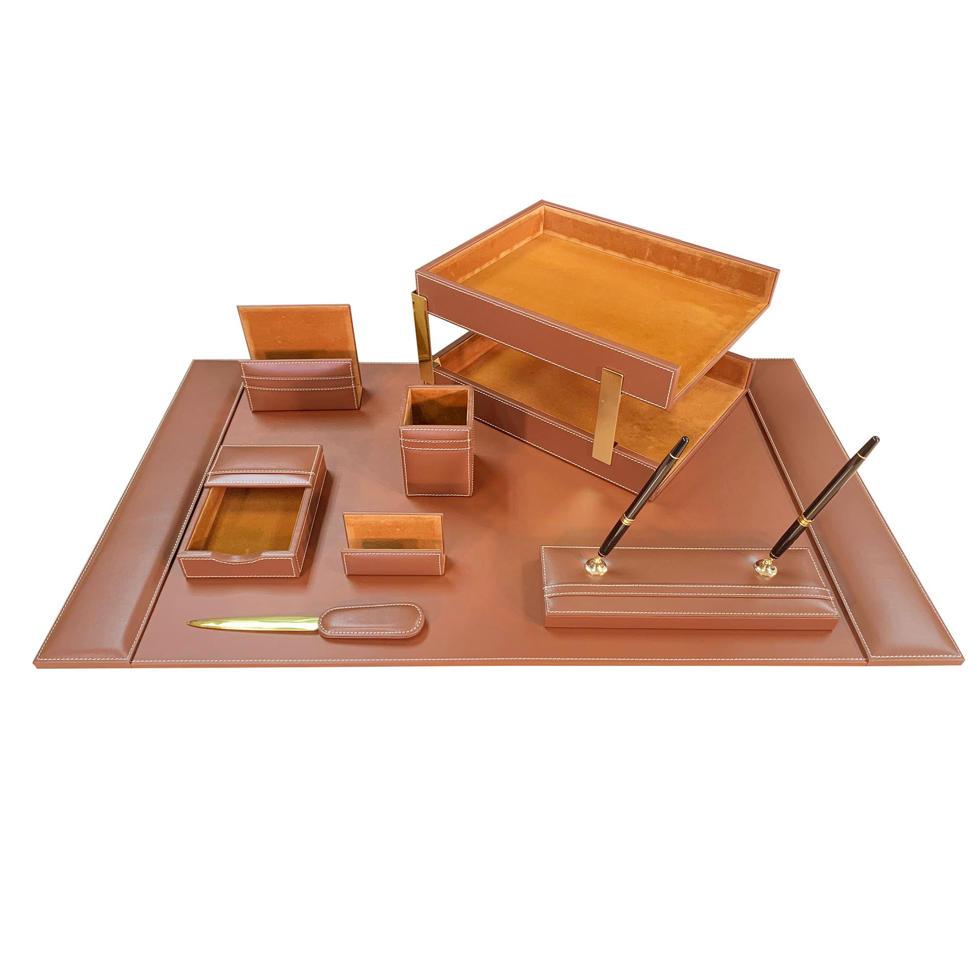 Rustic Brown Leather 10-Piece Desk Set