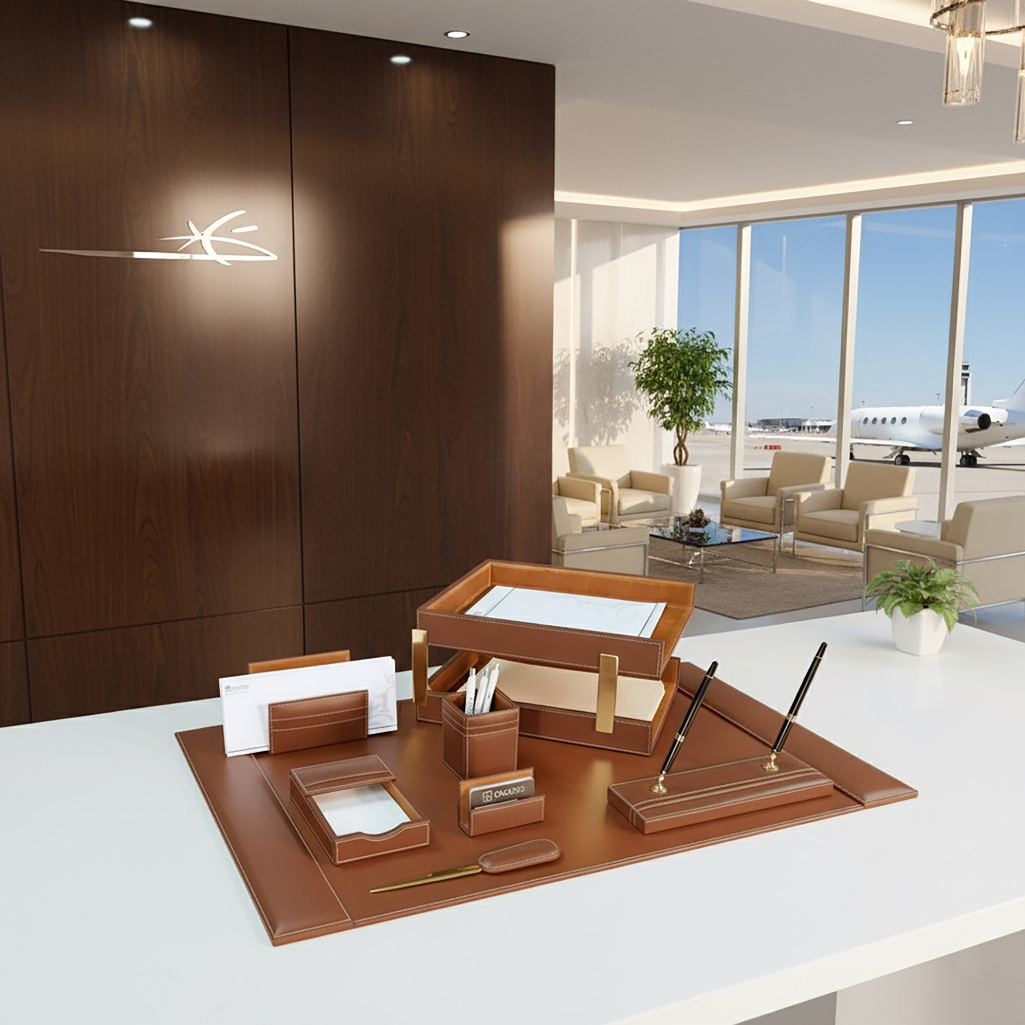 Rustic Brown Leather 10-Piece Desk Set