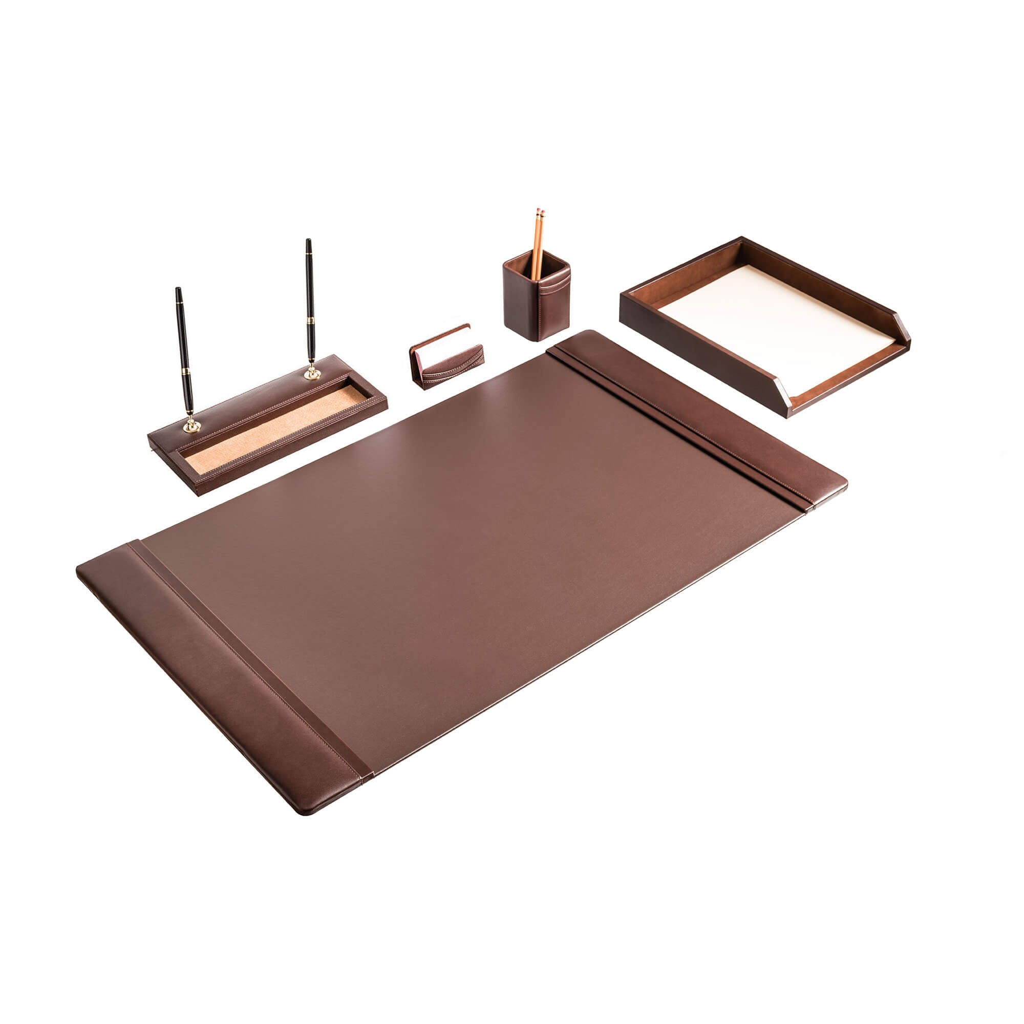 Chocolate Brown Leather 5-Piece Desk Set
