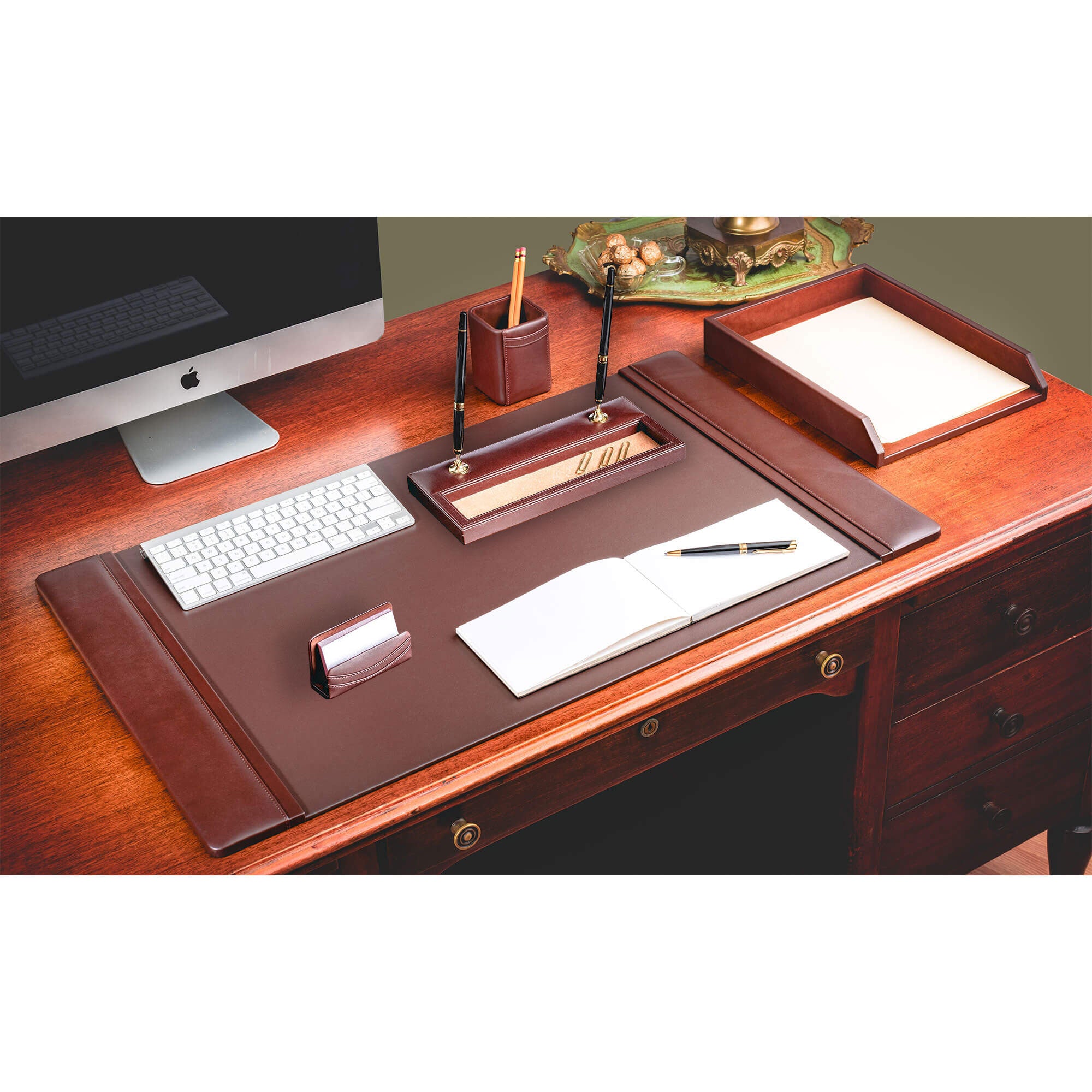 Chocolate Brown Leather 5-Piece Desk Set