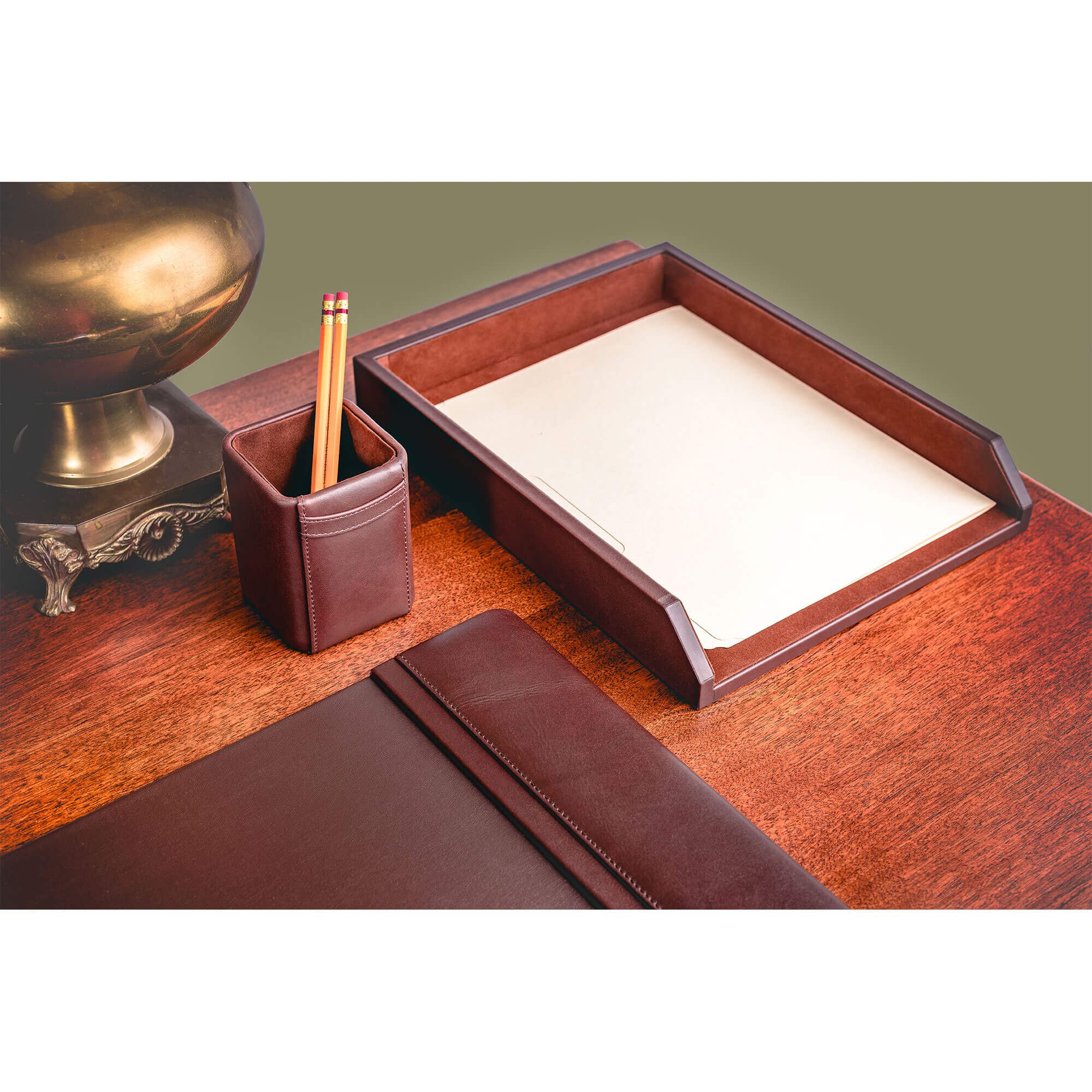 Chocolate Brown Leather 5-Piece Desk Set