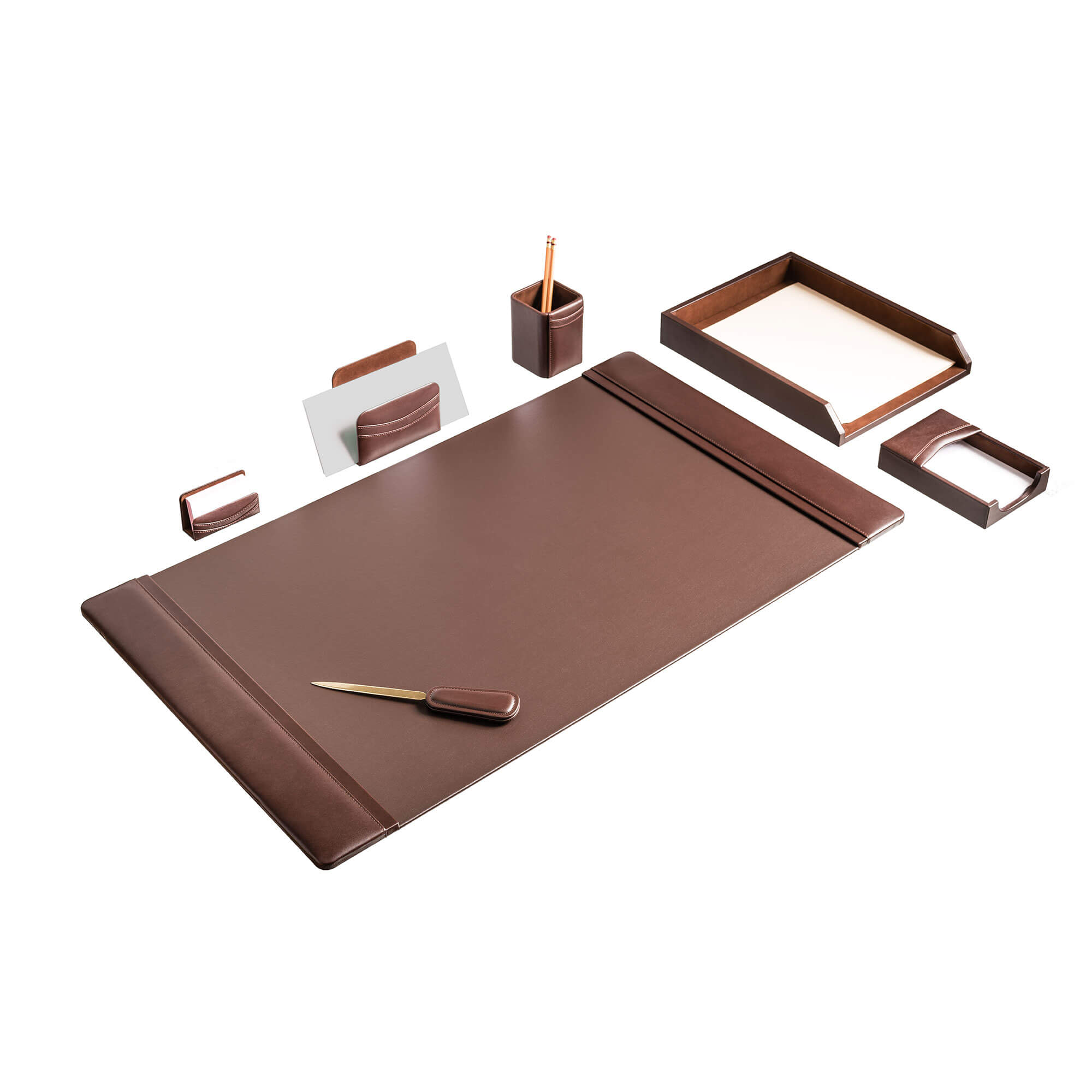 Chocolate Brown Leather 7-Piece Desk Set
