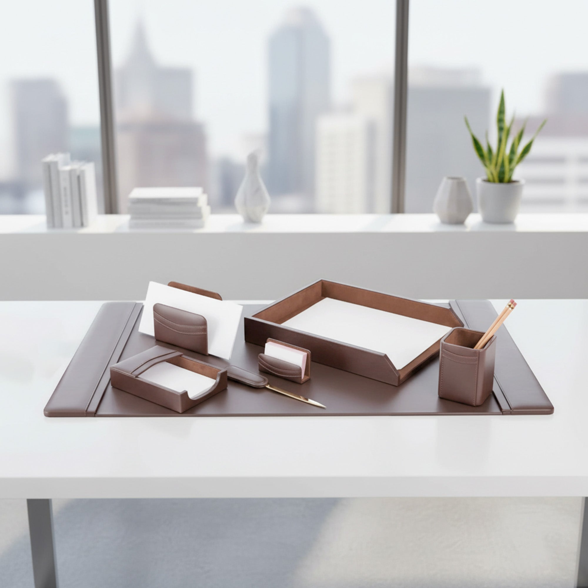 Chocolate Brown Leather 7-Piece Desk Set