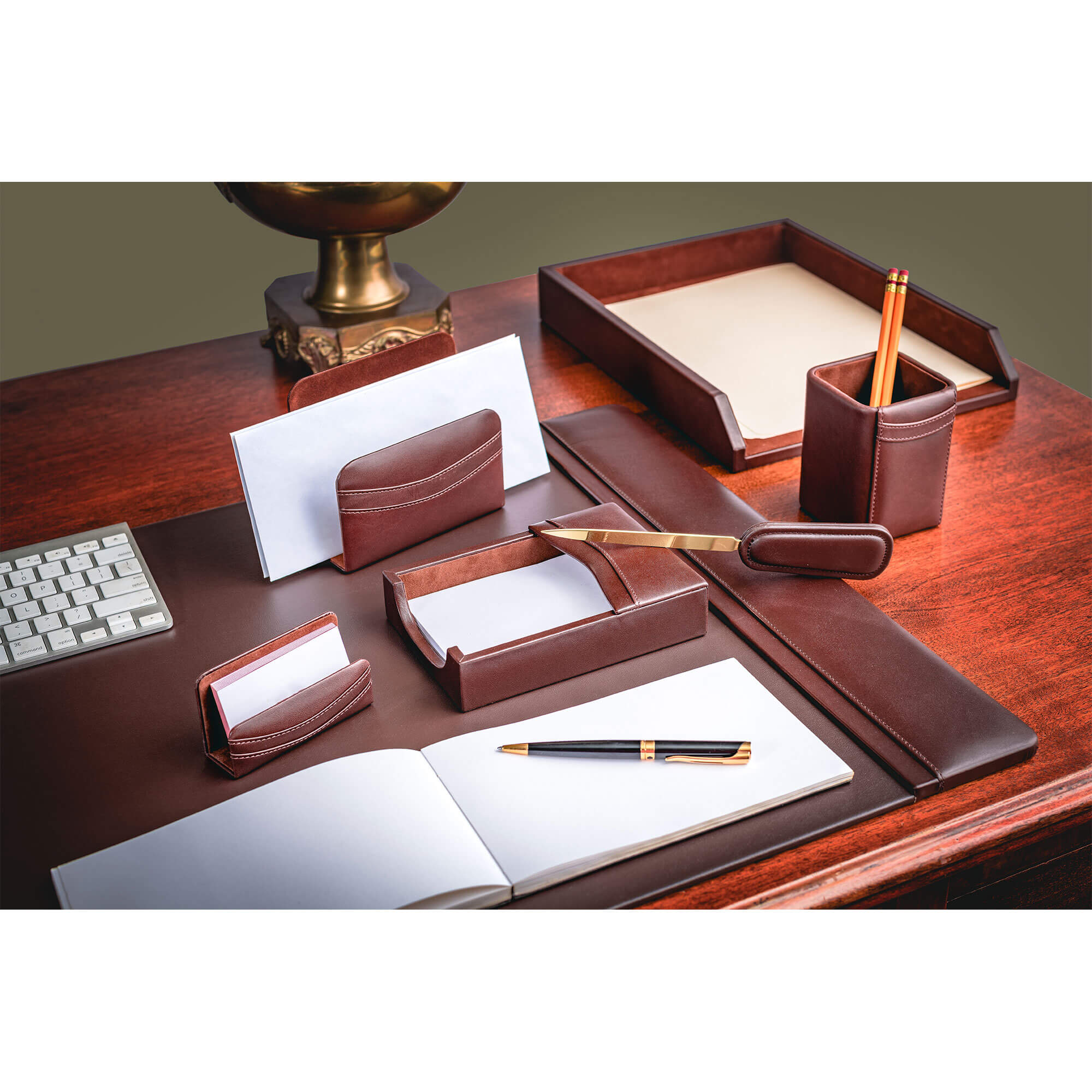 Chocolate Brown Leather 7-Piece Desk Set