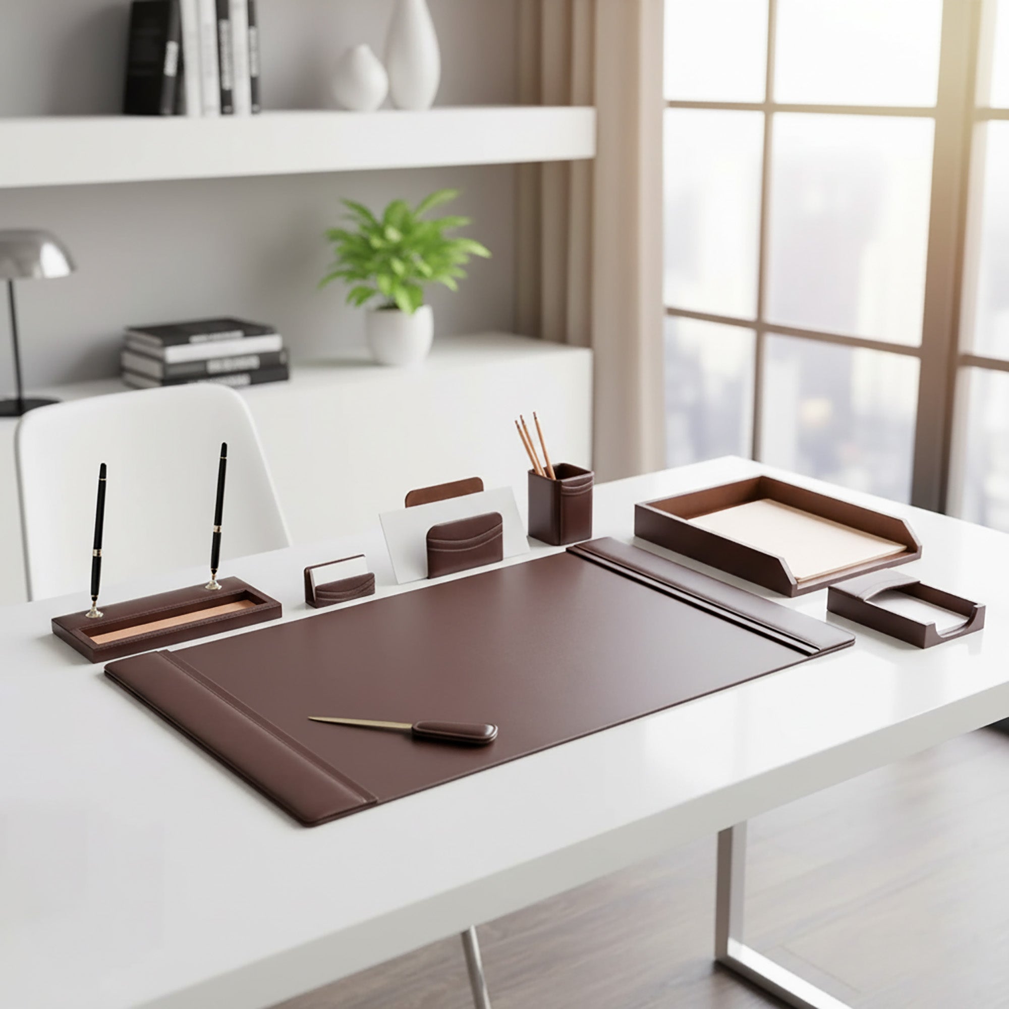 Chocolate Brown Leather 8-Piece Desk Set