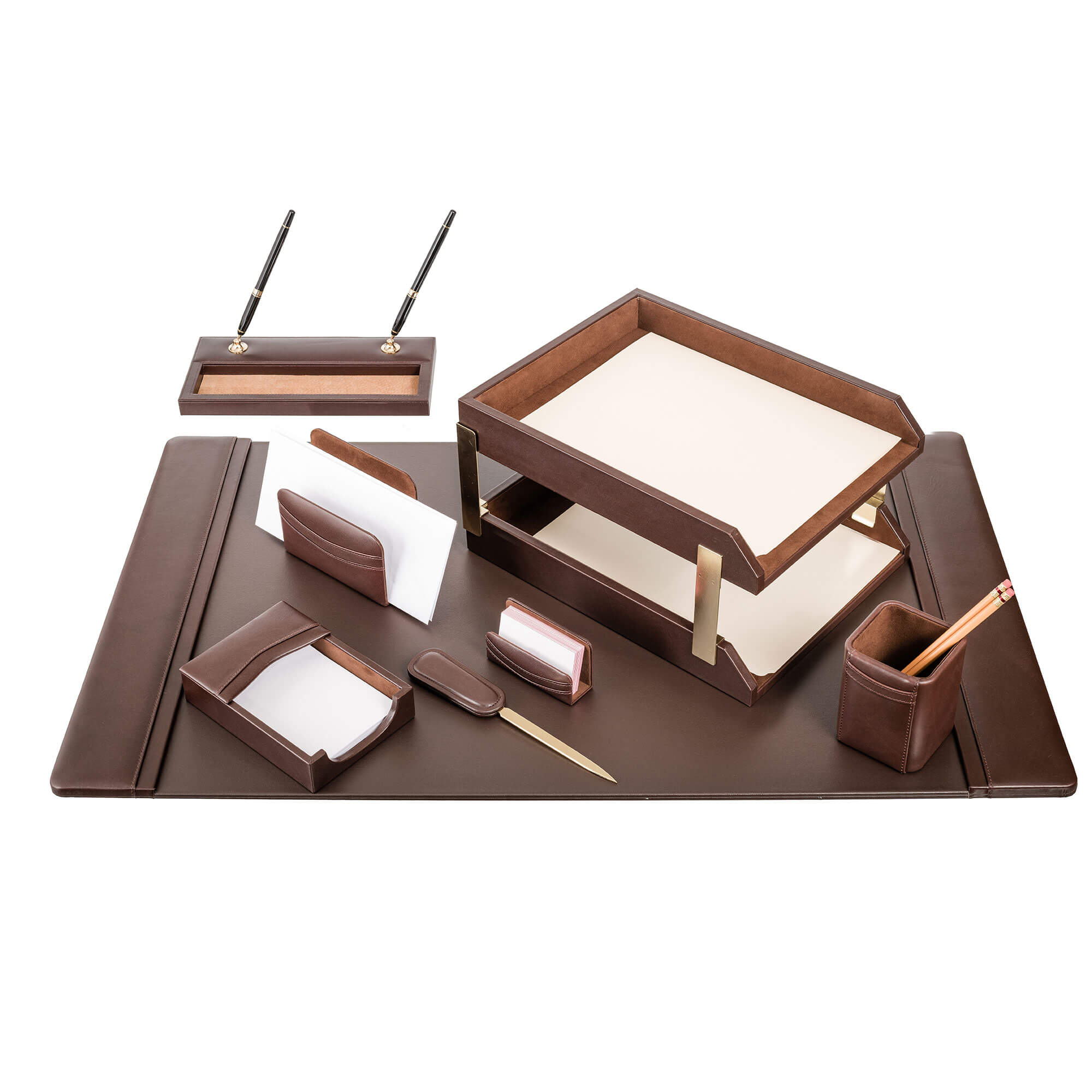 Chocolate Brown Leather 10-Piece Desk Set