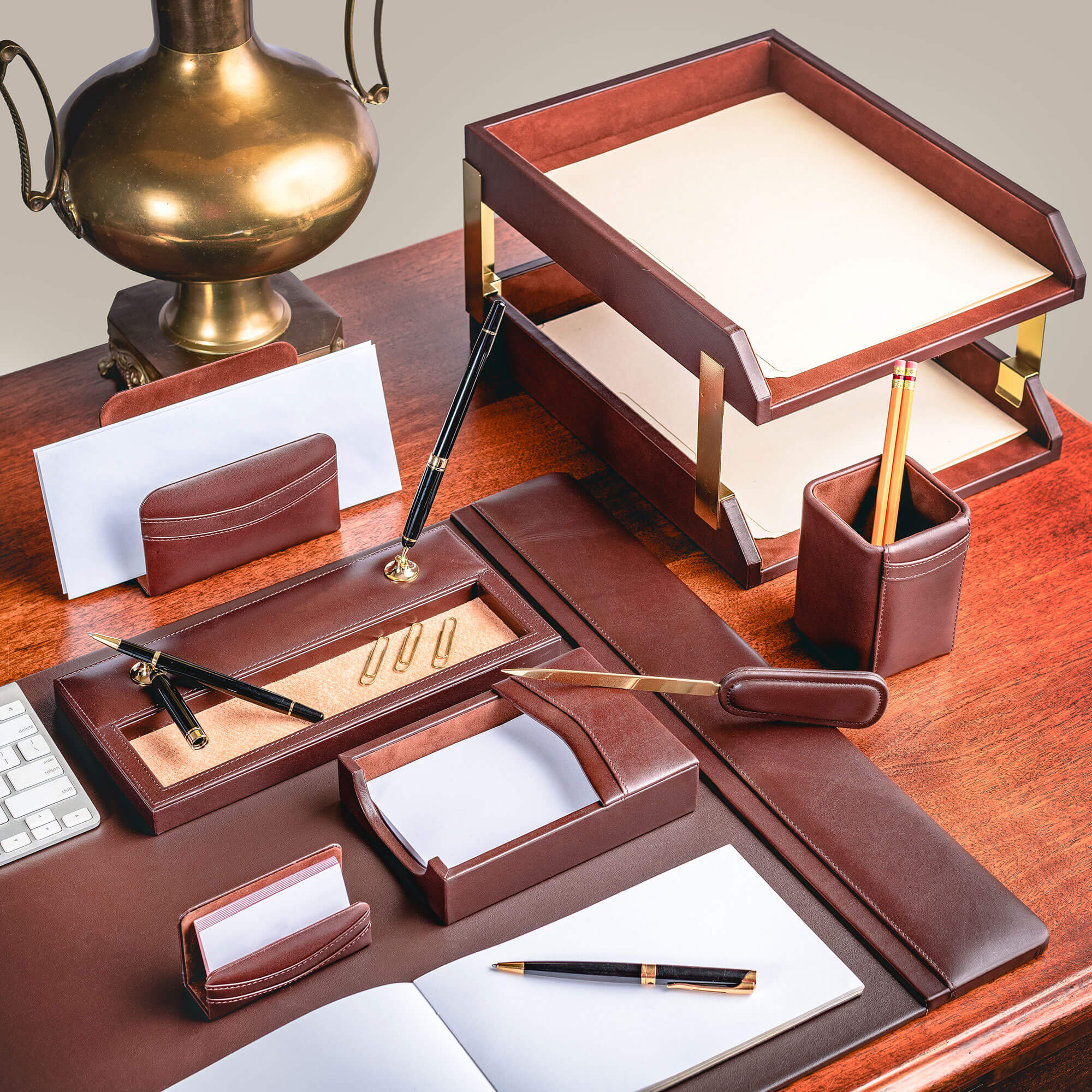Chocolate Brown Leather 10-Piece Desk Set