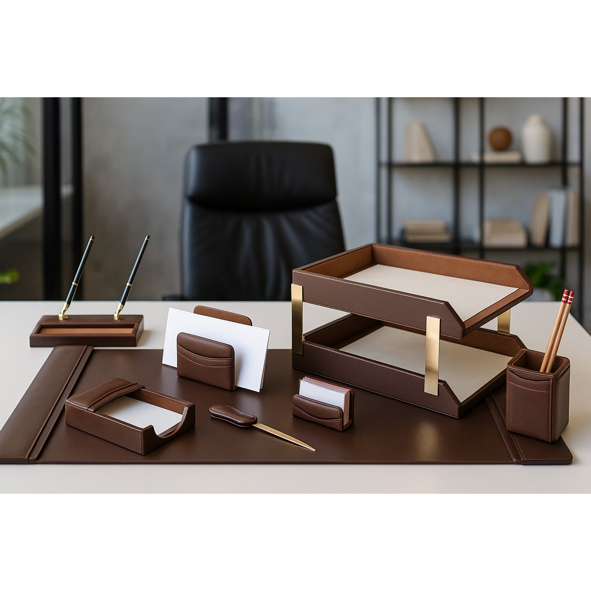Chocolate Brown Leather 10-Piece Desk Set
