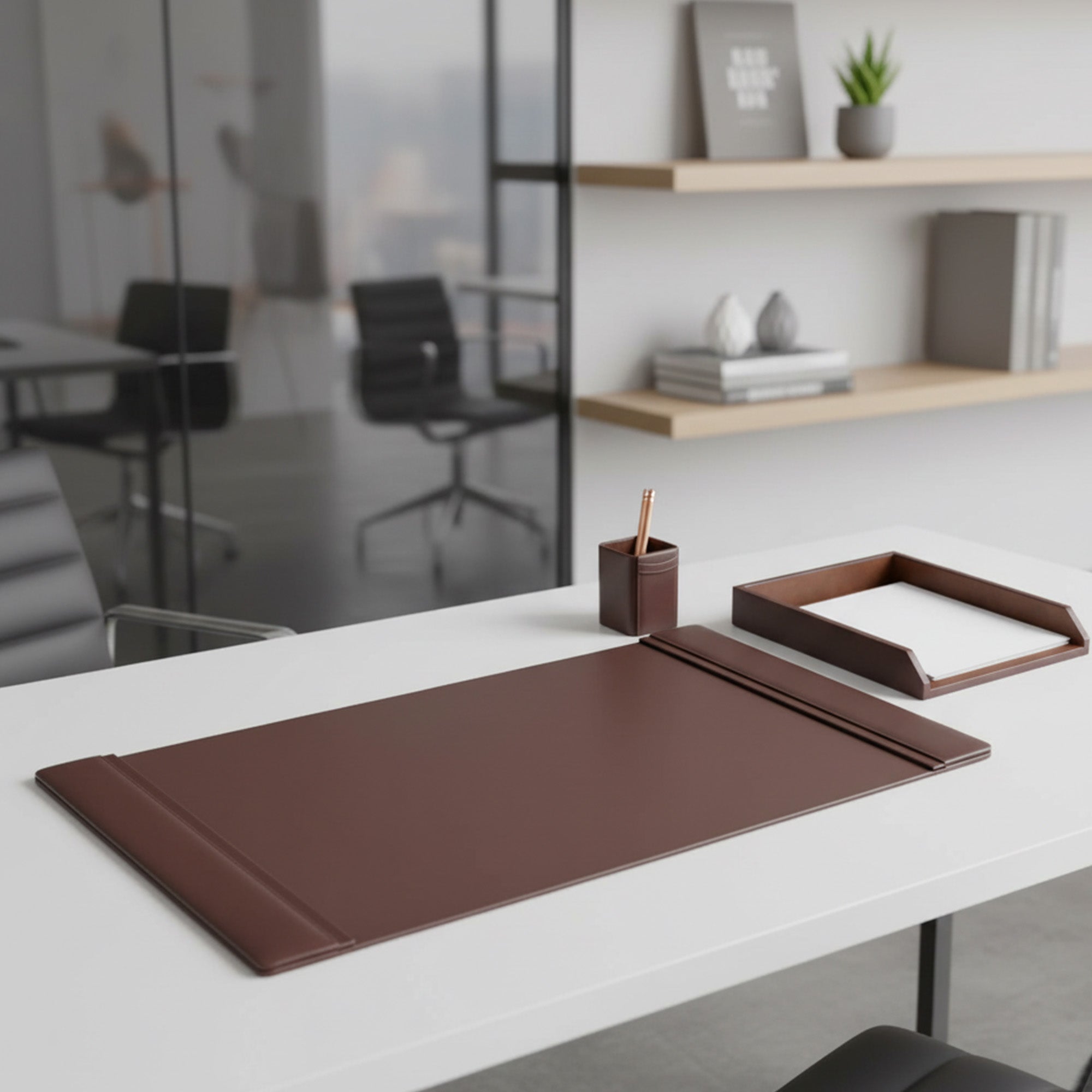 Chocolate Brown Leather 3-Piece Desk Set