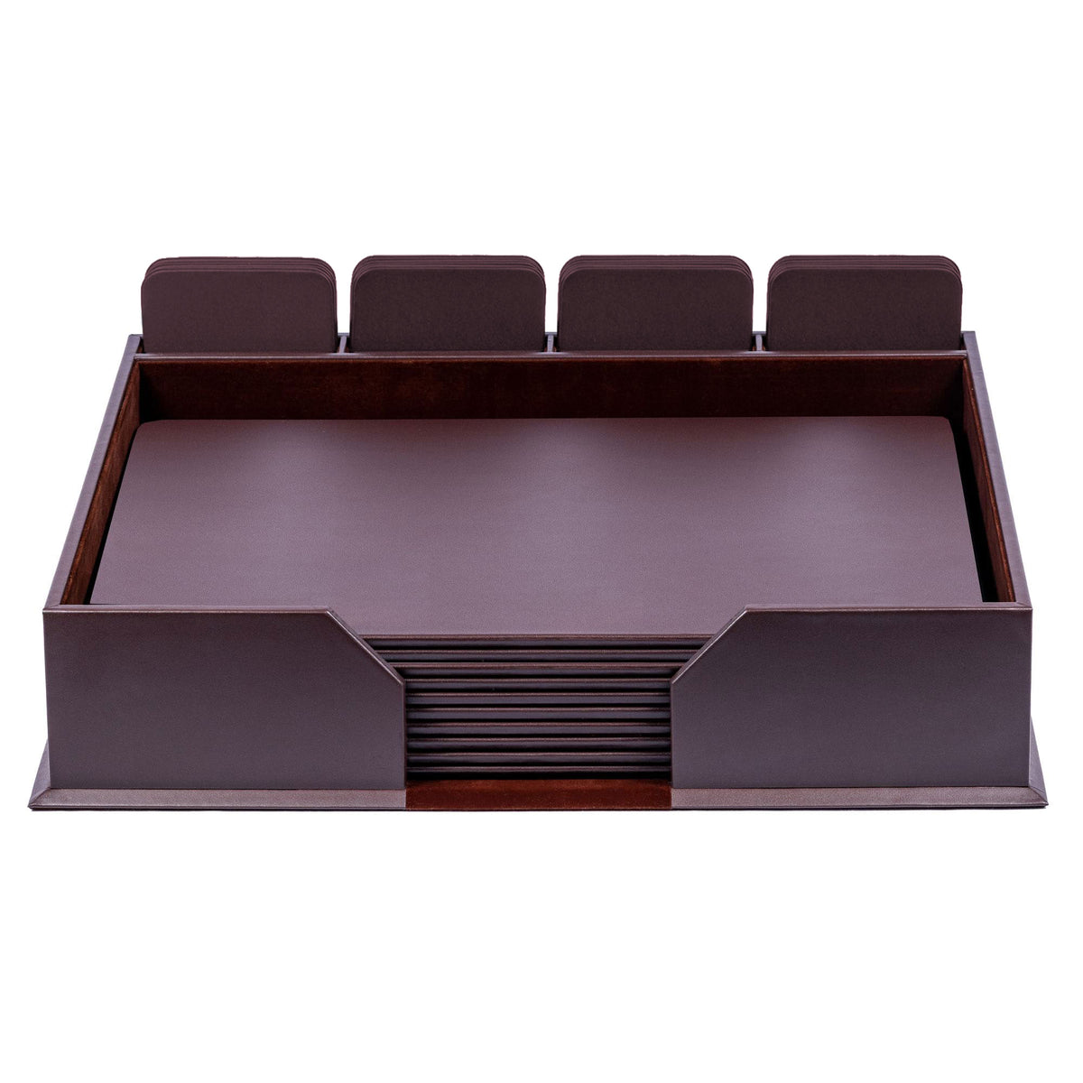 10 Seat Chocolate Brown Leatherette Conference Room Set w/ Square Coasters, 17 x 14 Size Pads
