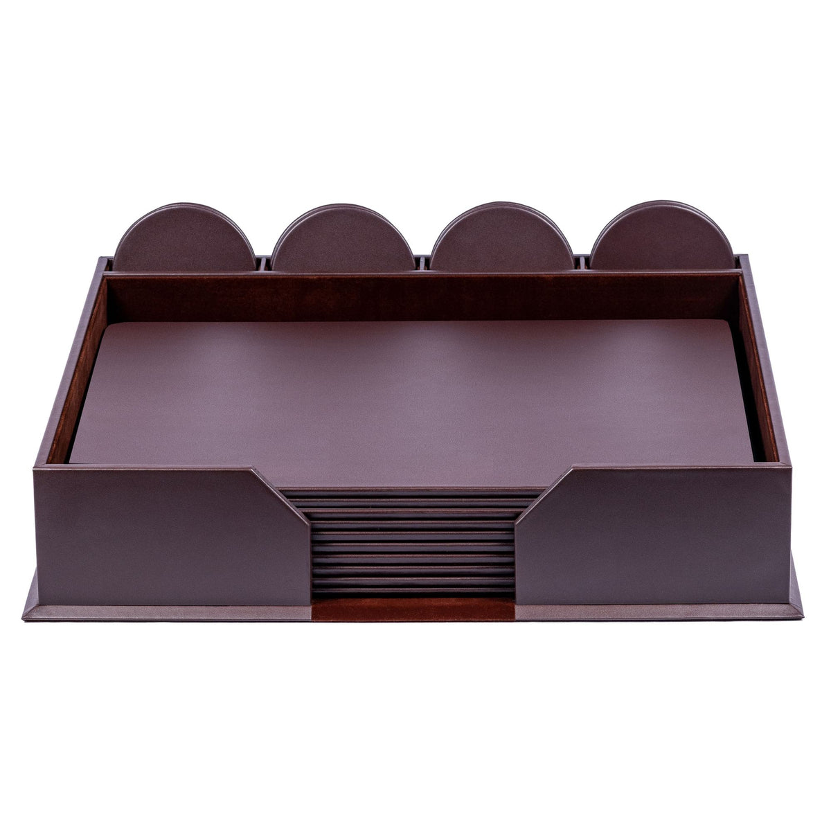 10 Seat Chocolate Brown Leatherette Conference Room Set w/ Round Coasters, 17 x 14 Size Pads