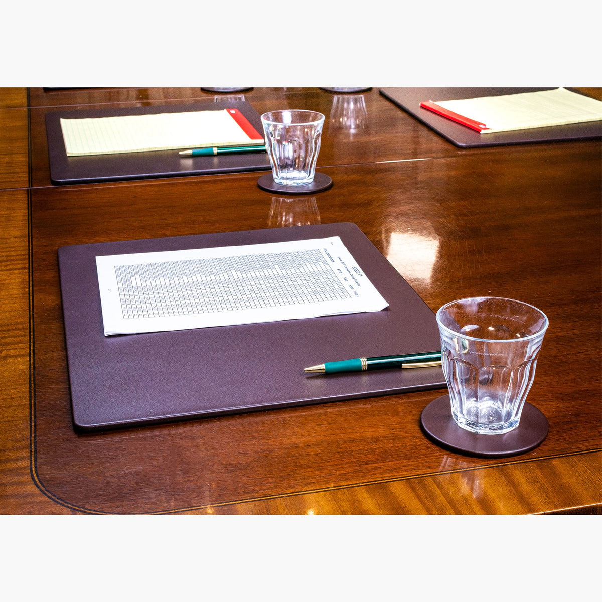 10 Seat Chocolate Brown Leather Conference Room Set w/ Round Coasters, 17 x 14 Size Pads