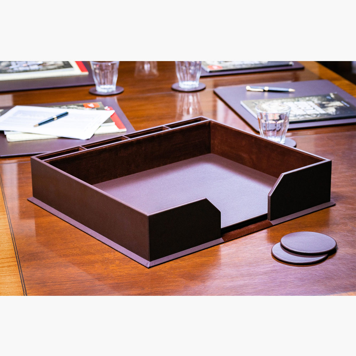 10 Seat Chocolate Brown Leather Conference Room Set w/ Round Coasters, 17 x 14 Size Pads