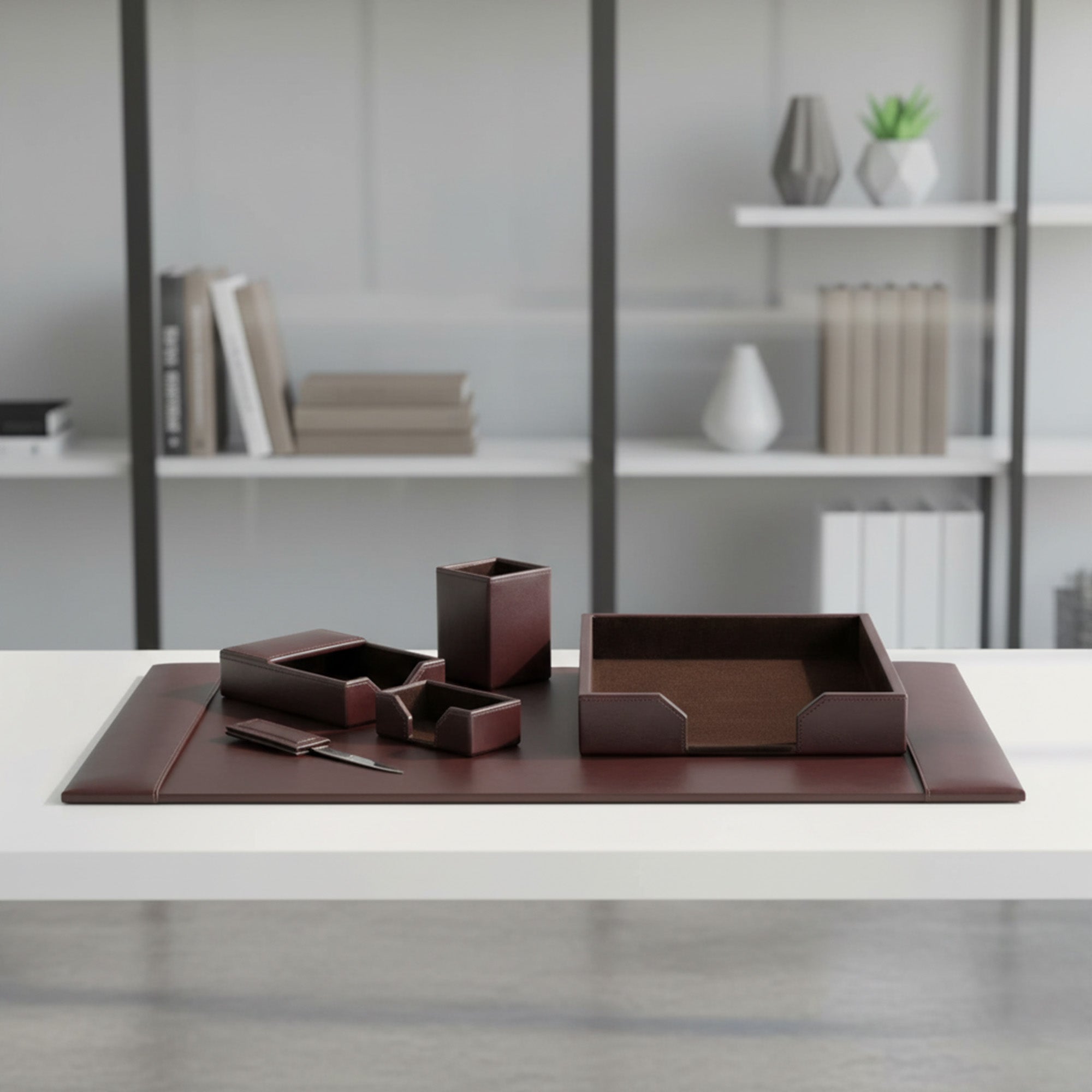 Dark Brown Bonded Leather 6-Piece Desk Set