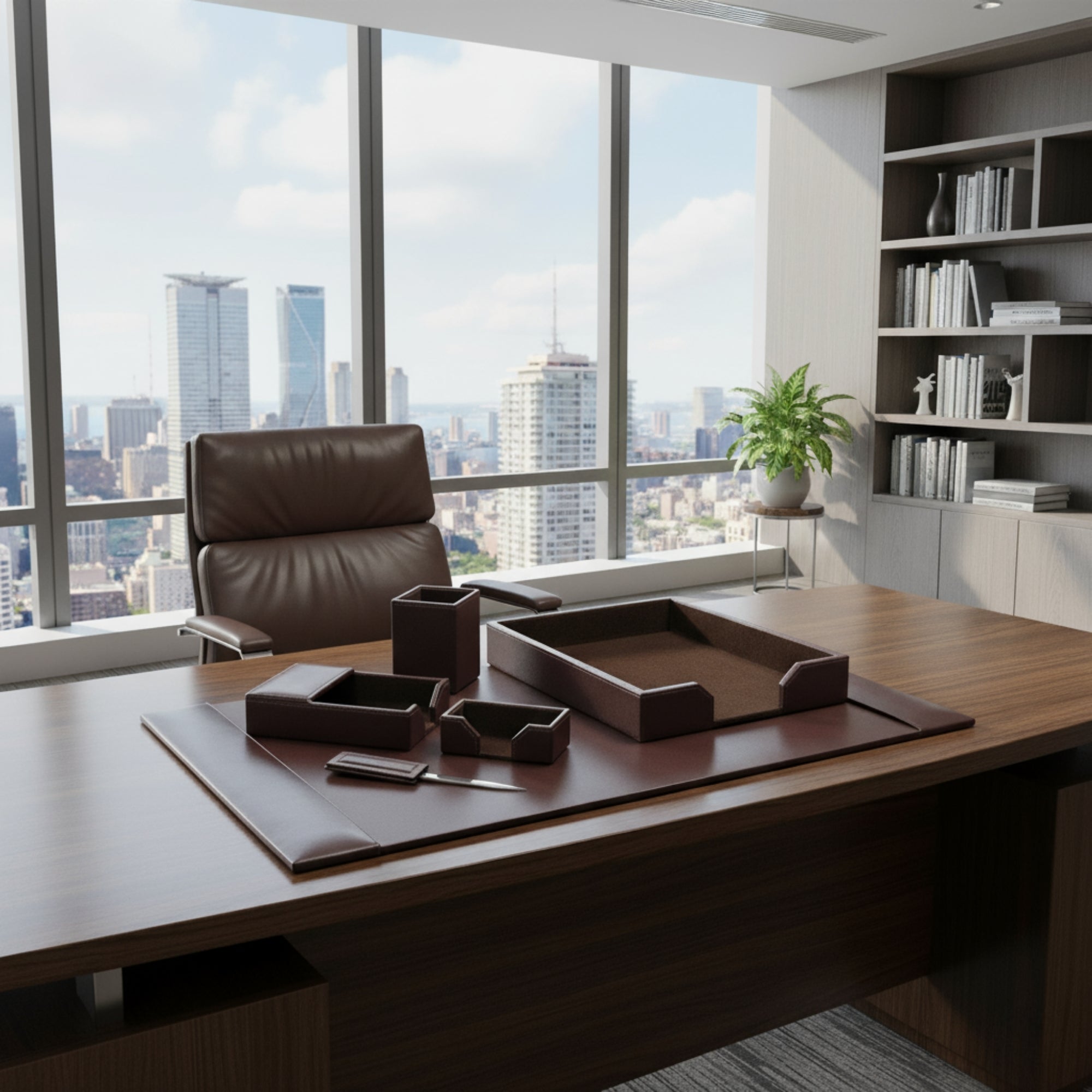 Dark Brown Bonded Leather 6-Piece Desk Set