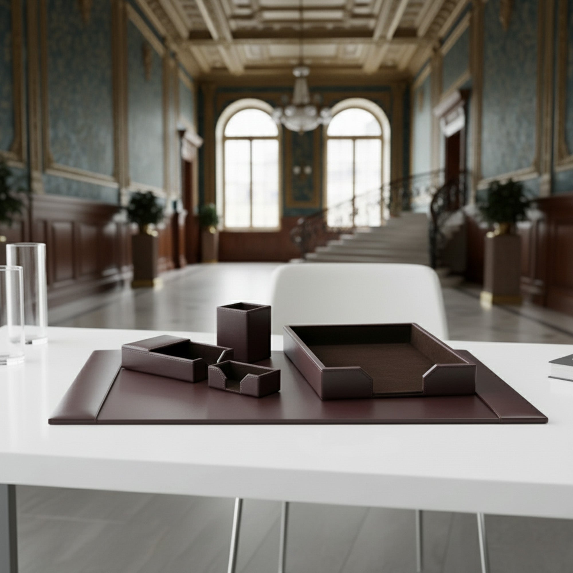 Dark Brown Bonded Leather 5-Piece Desk Set