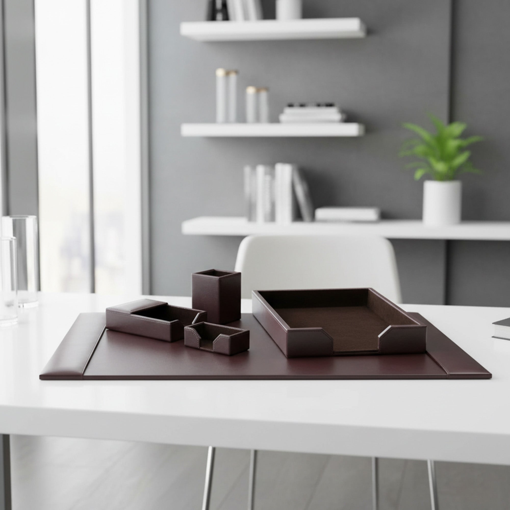 Dark Brown Bonded Leather 5-Piece Desk Set