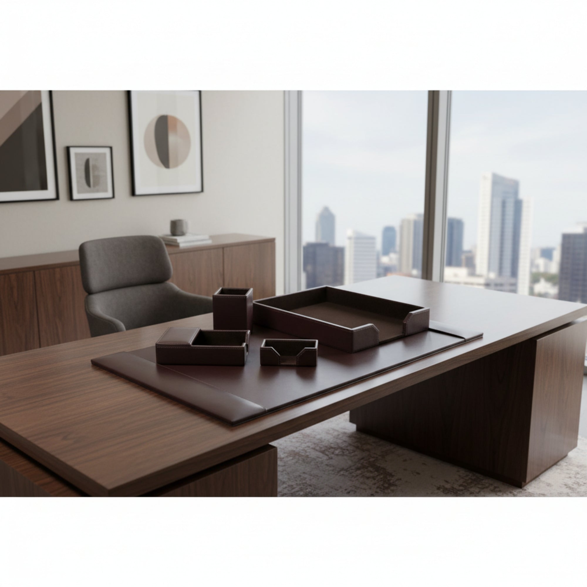 Dark Brown Bonded Leather 5-Piece Desk Set