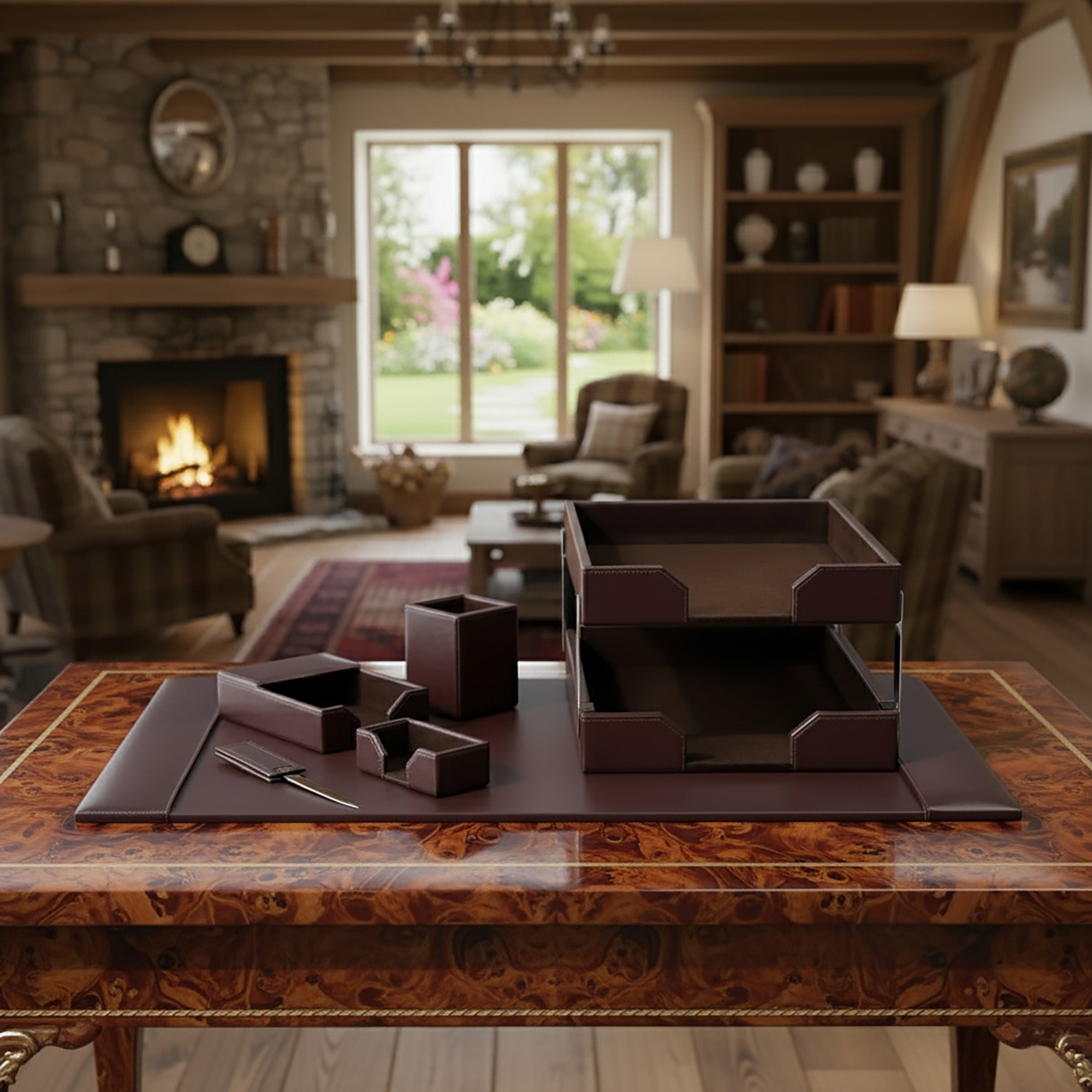 Dark Brown Bonded Leather 8-Piece Desk Set