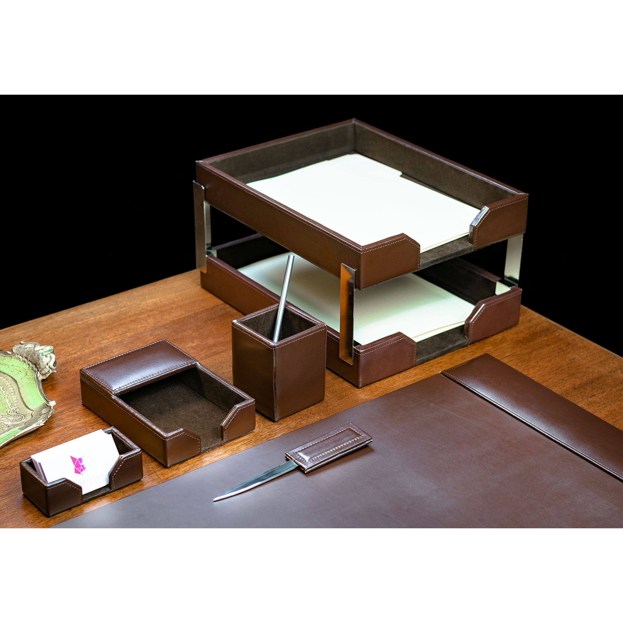 Dark Brown Bonded Leather 8-Piece Desk Set