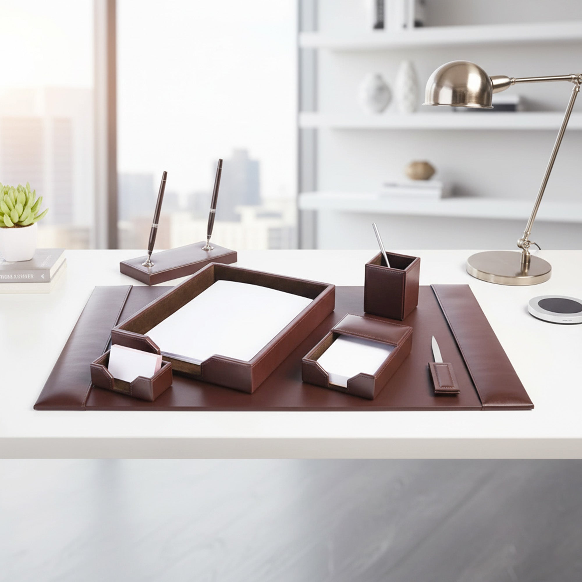 Dark Brown Bonded Leather 7-Piece Desk Set