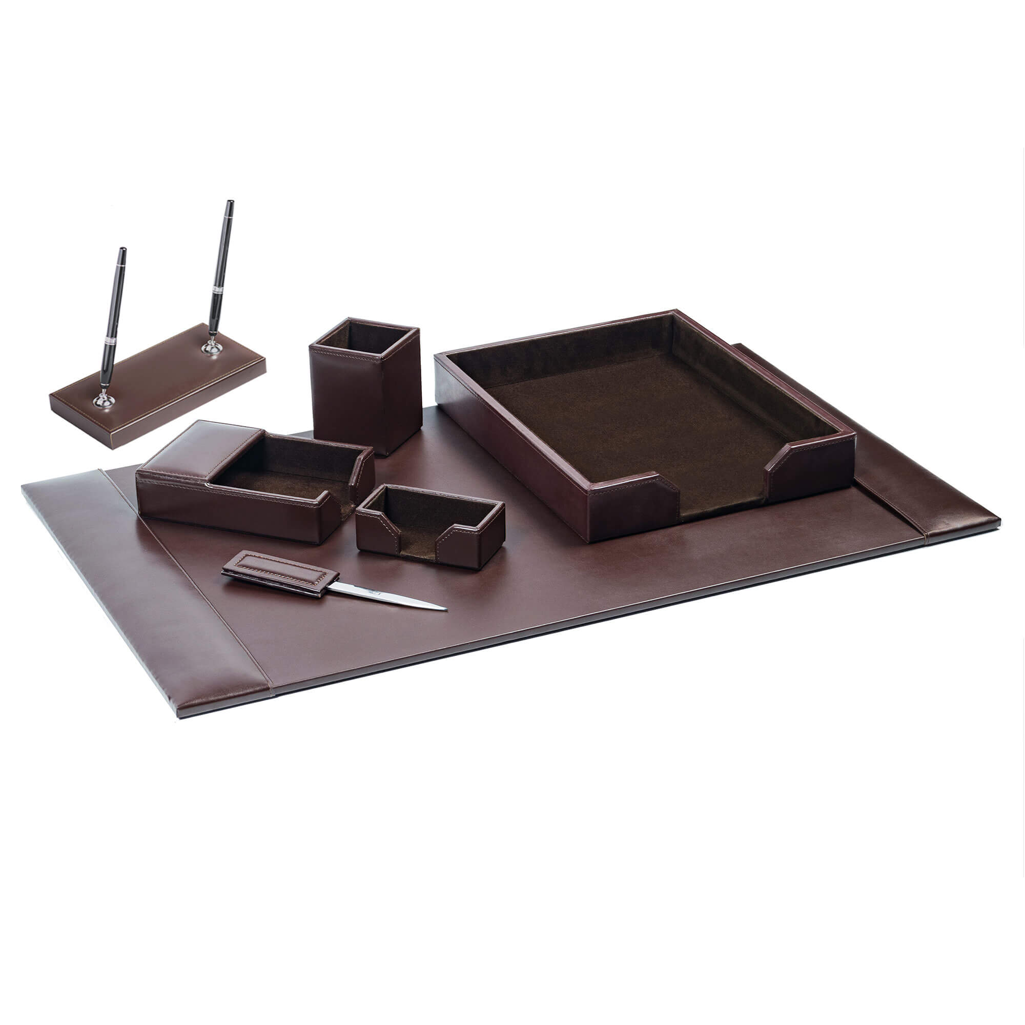 Dark Brown Bonded Leather 7-Piece Desk Set