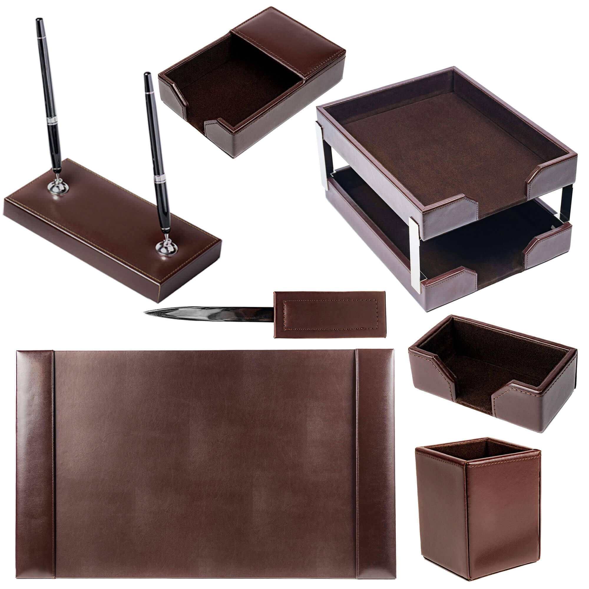 Dark Brown Bonded Leather 9-Piece Desk Set