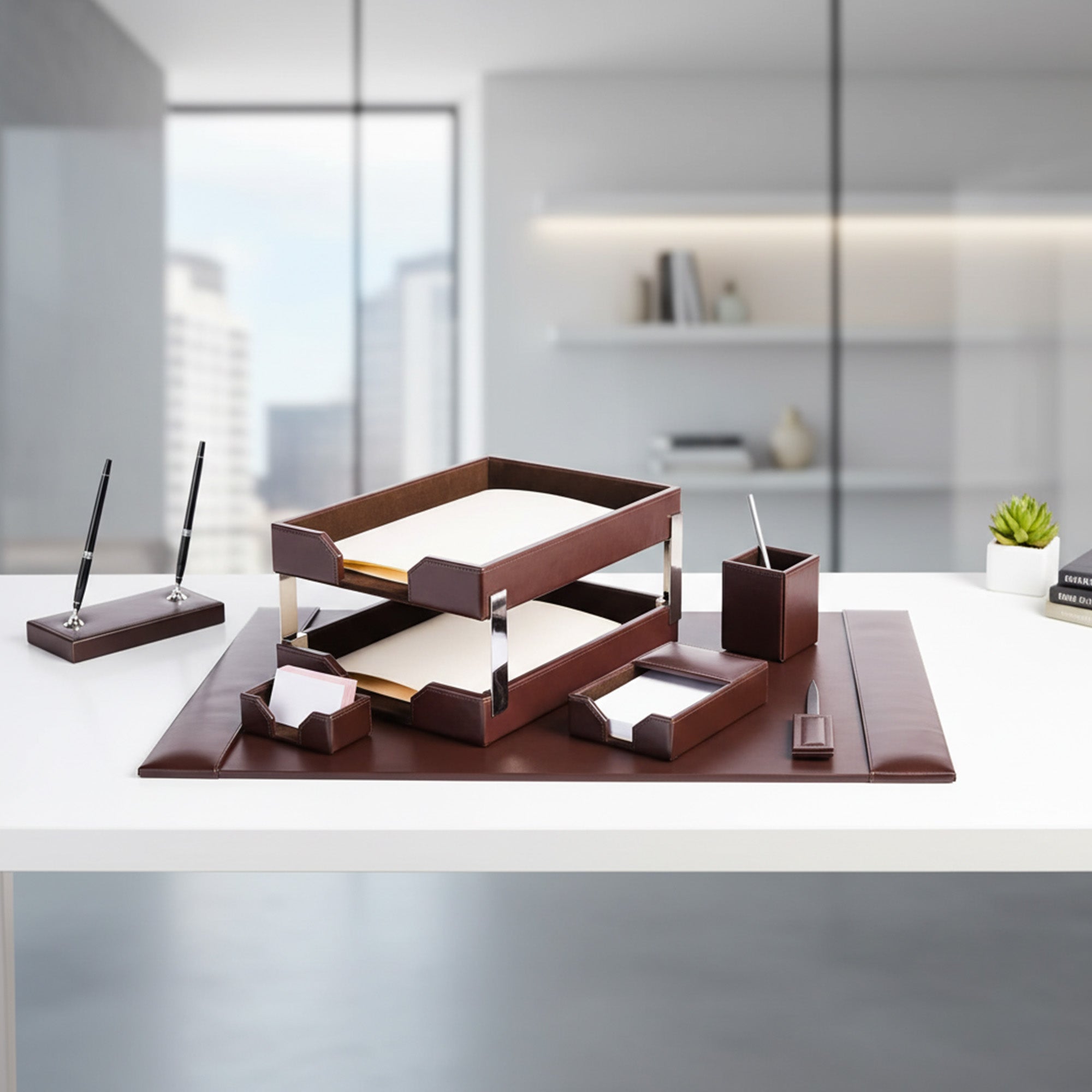 Dark Brown Bonded Leather 9-Piece Desk Set