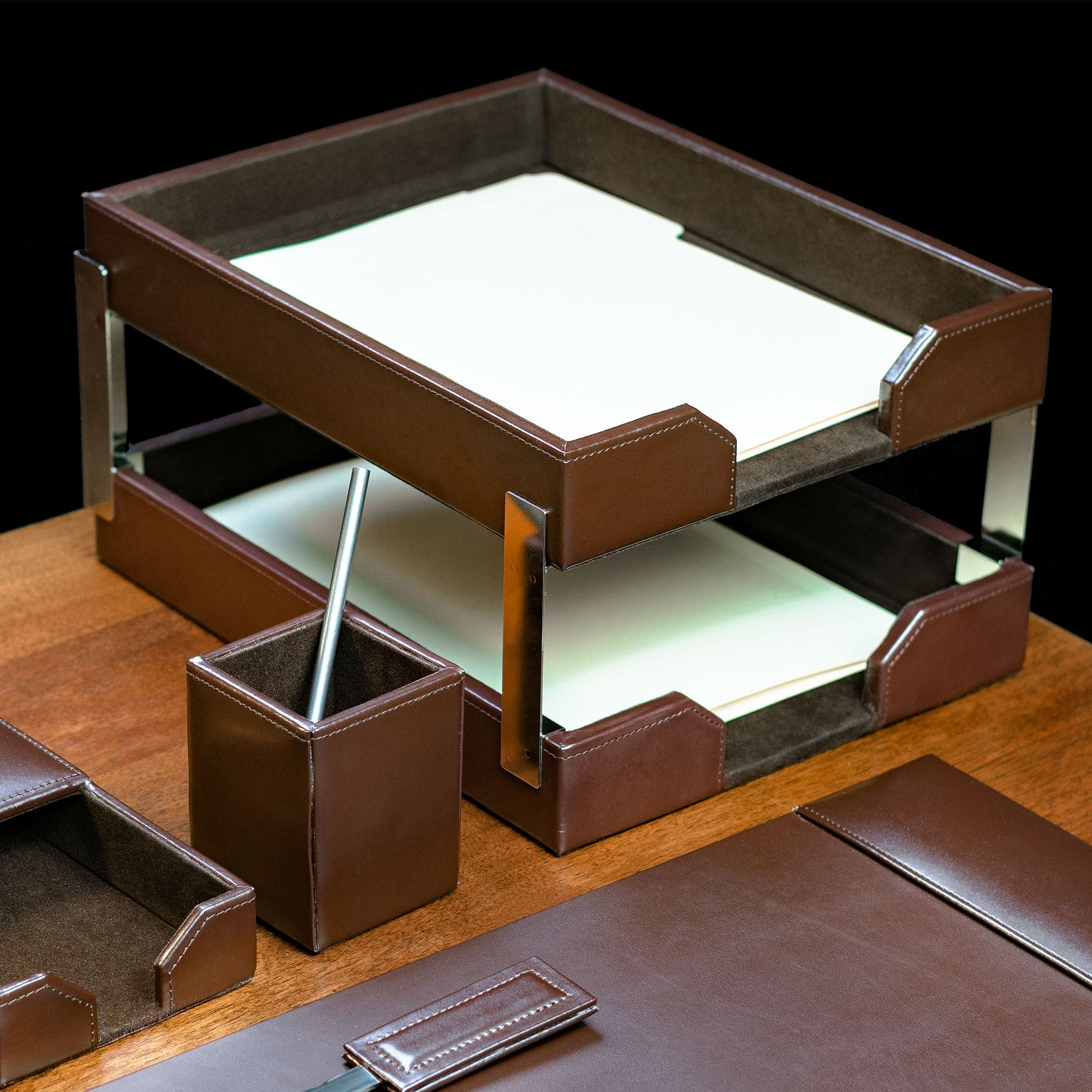 Dark Brown Bonded Leather 9-Piece Desk Set