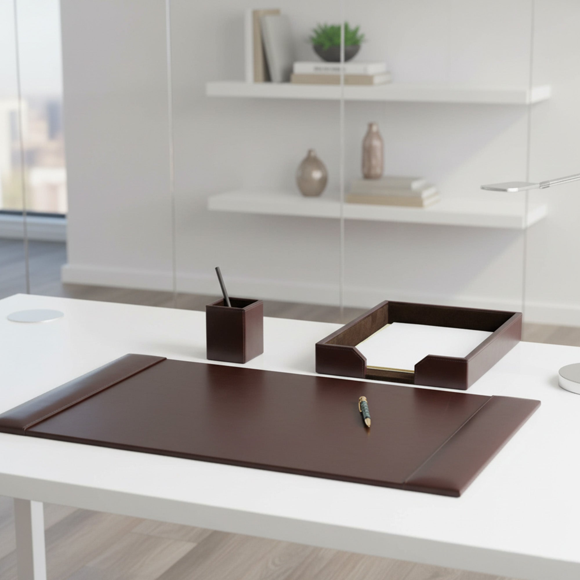 Dark Brown Bonded Leather 3-Piece Desk Set