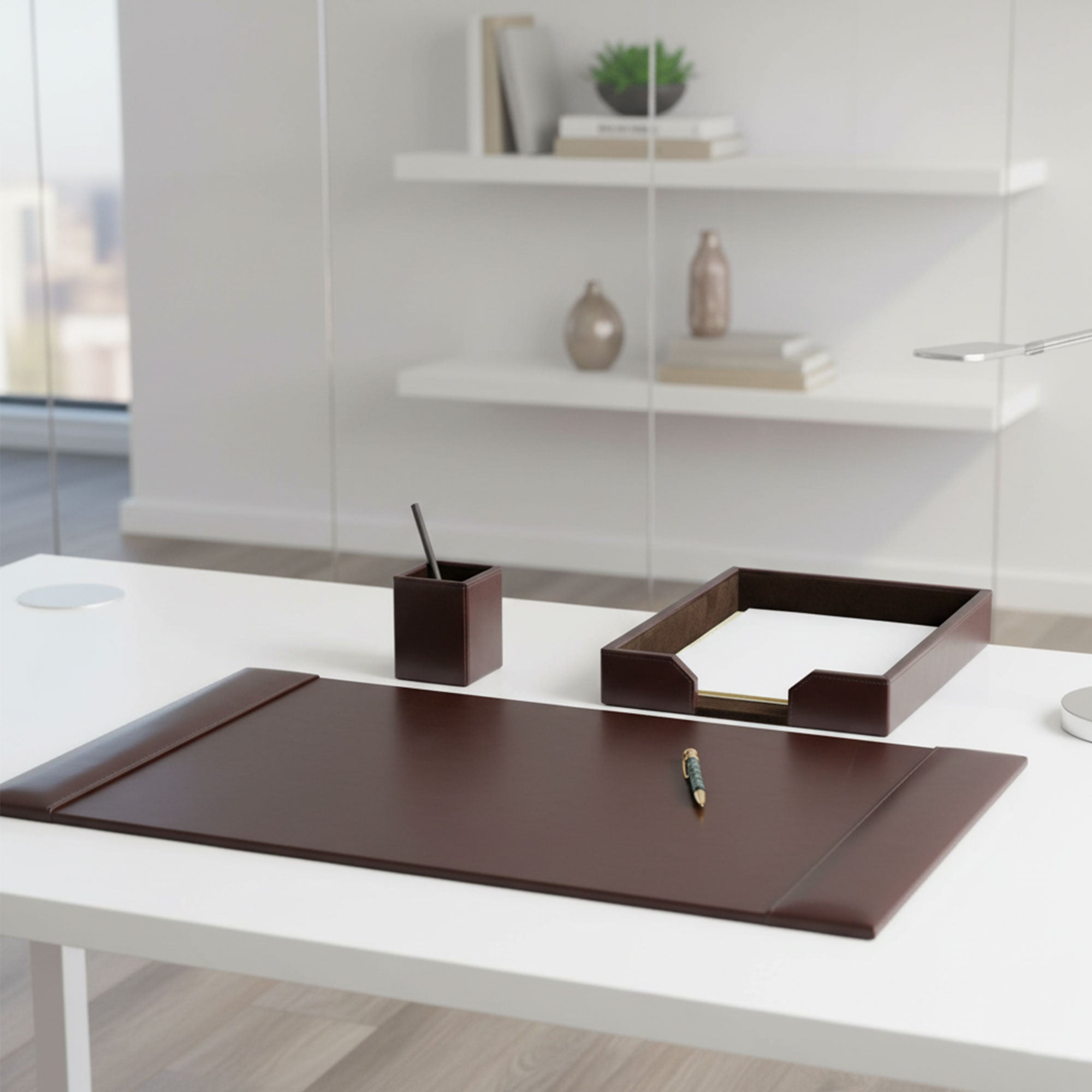 Dark Brown Bonded Leather 3-Piece Desk Set