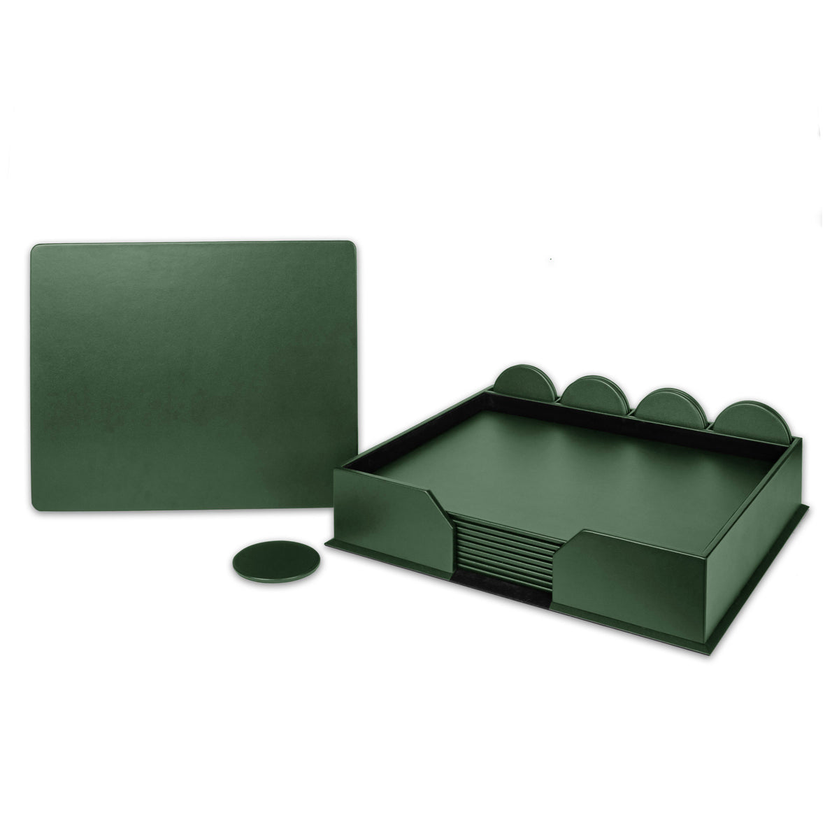 10 Seat Dark Green Leather Conference Room Set w/ Round Coasters, 17 x 14 Size Pads