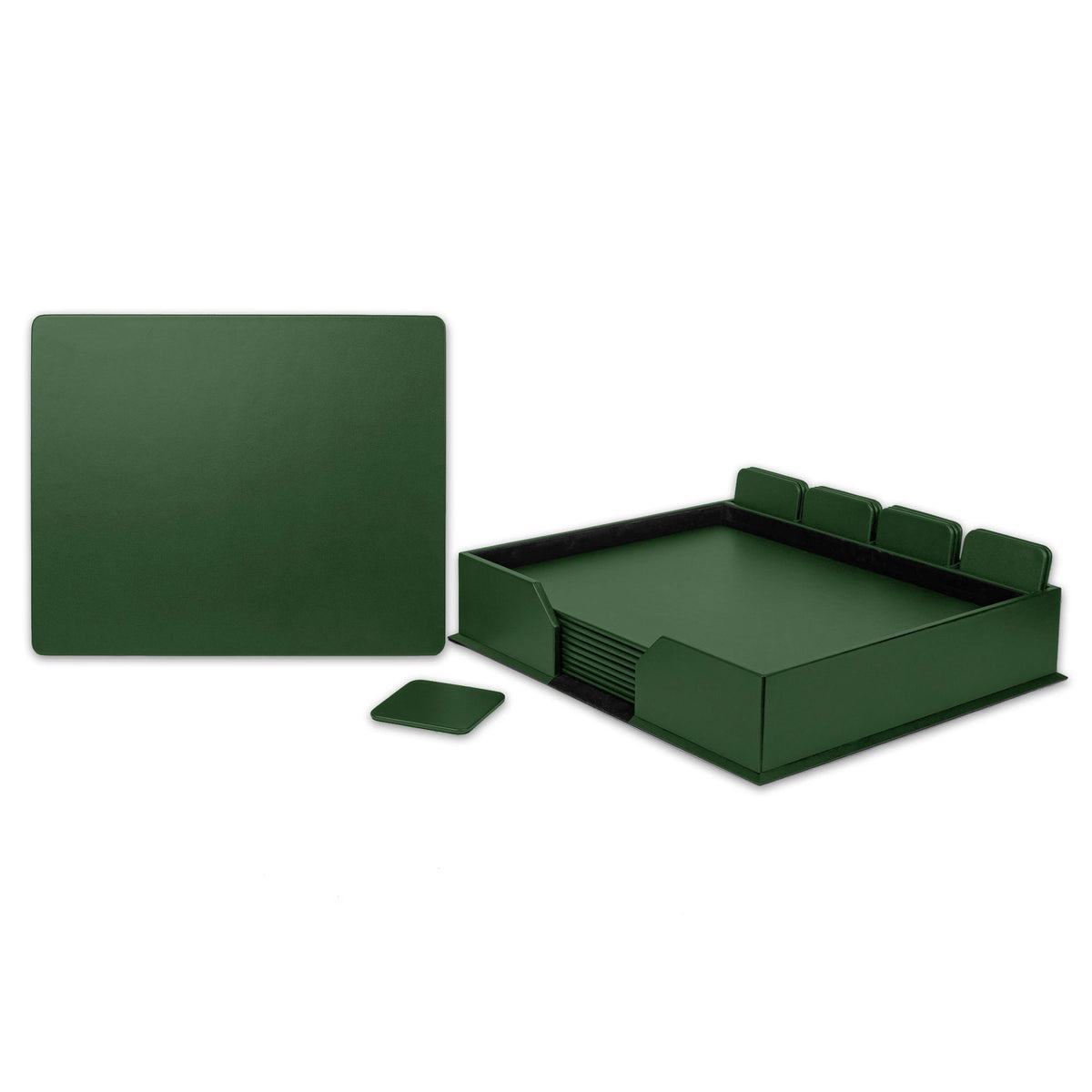 10 Seat Dark Green Leather Conference Room Set w/ Square Coasters, 17 x 14 Size Pads