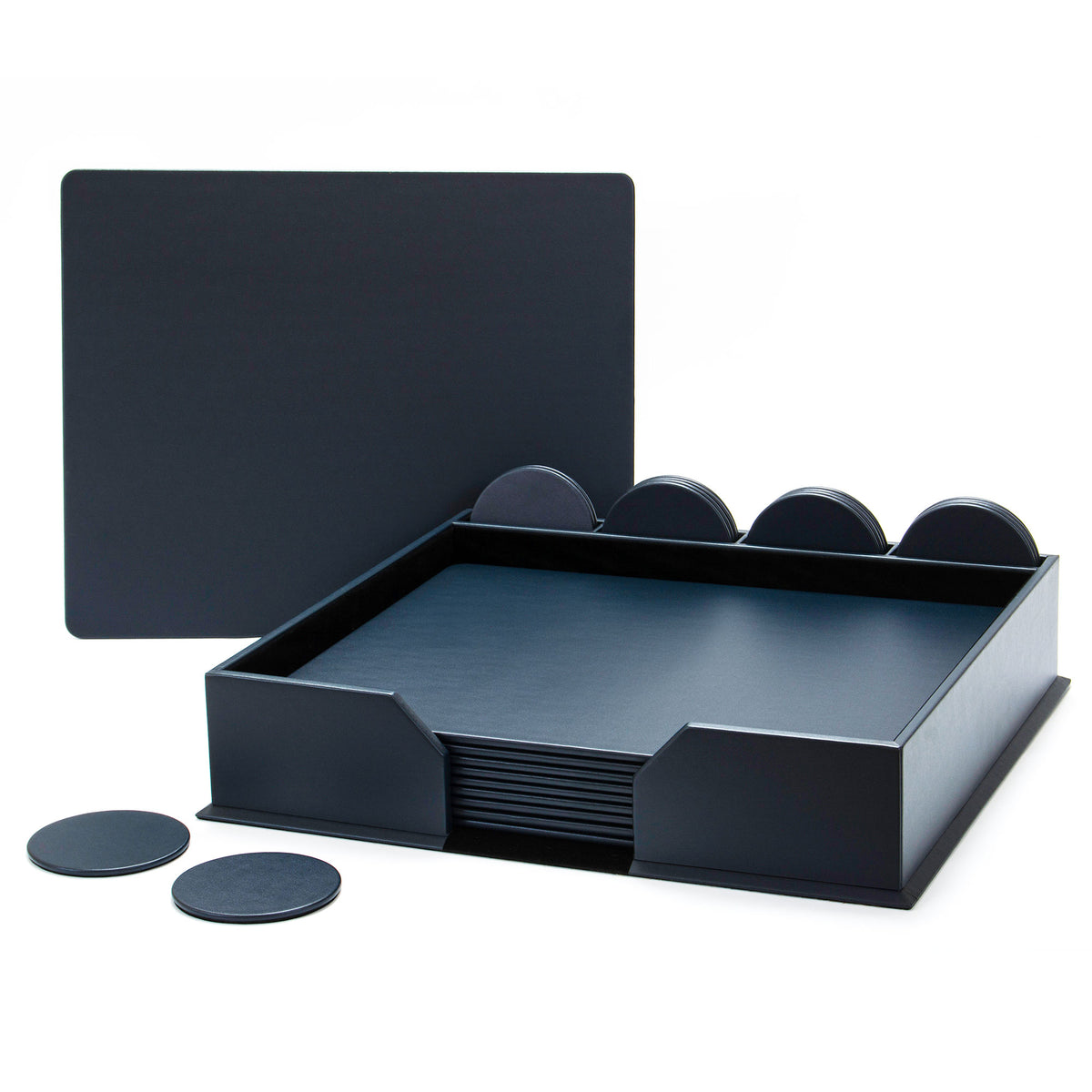 10 Seat Navy Blue Leatherette Conference Room Set w/ Round Coasters, 17 x 14 Size Pads