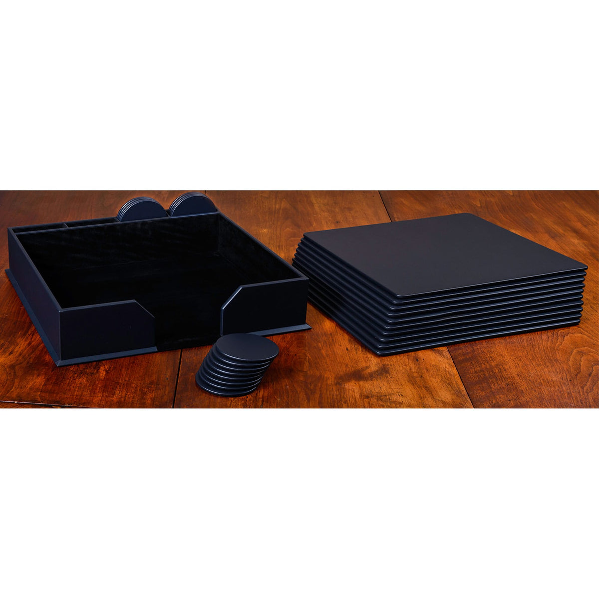 10 Seat Navy Blue Leatherette Conference Room Set w/ Round Coasters, 17 x 14 Size Pads