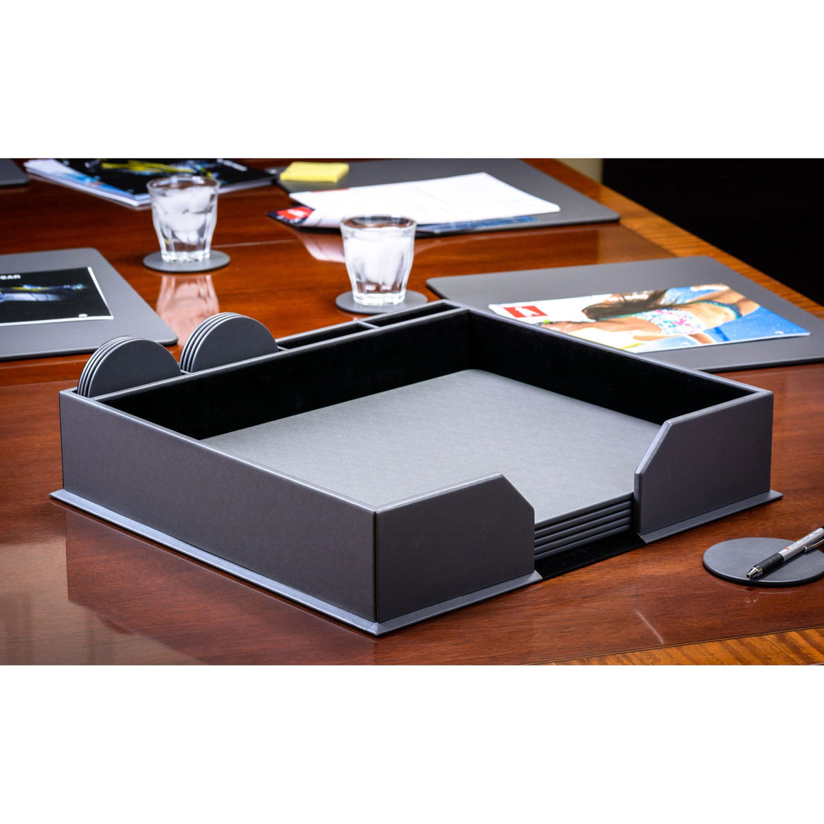 10 Seat Gray Leather Conference Room Set w/ Round Coasters, 17 x 14 Size Pads
