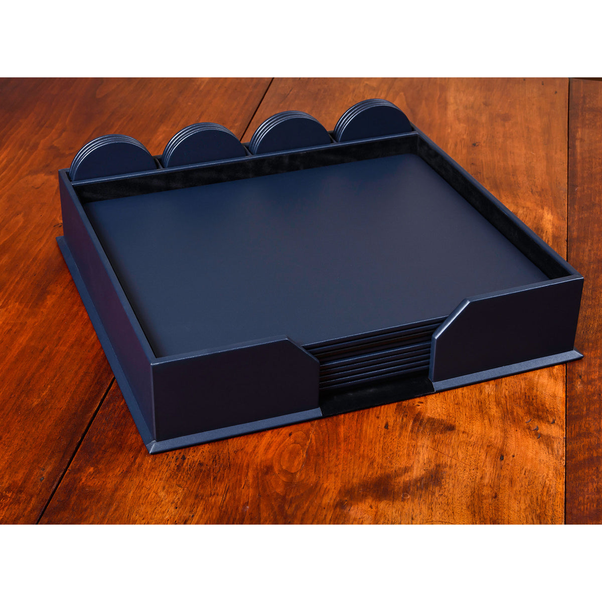 10 Seat Navy Blue Leather Conference Room Set w/ Round Coasters, 17 x 14 Size Pads